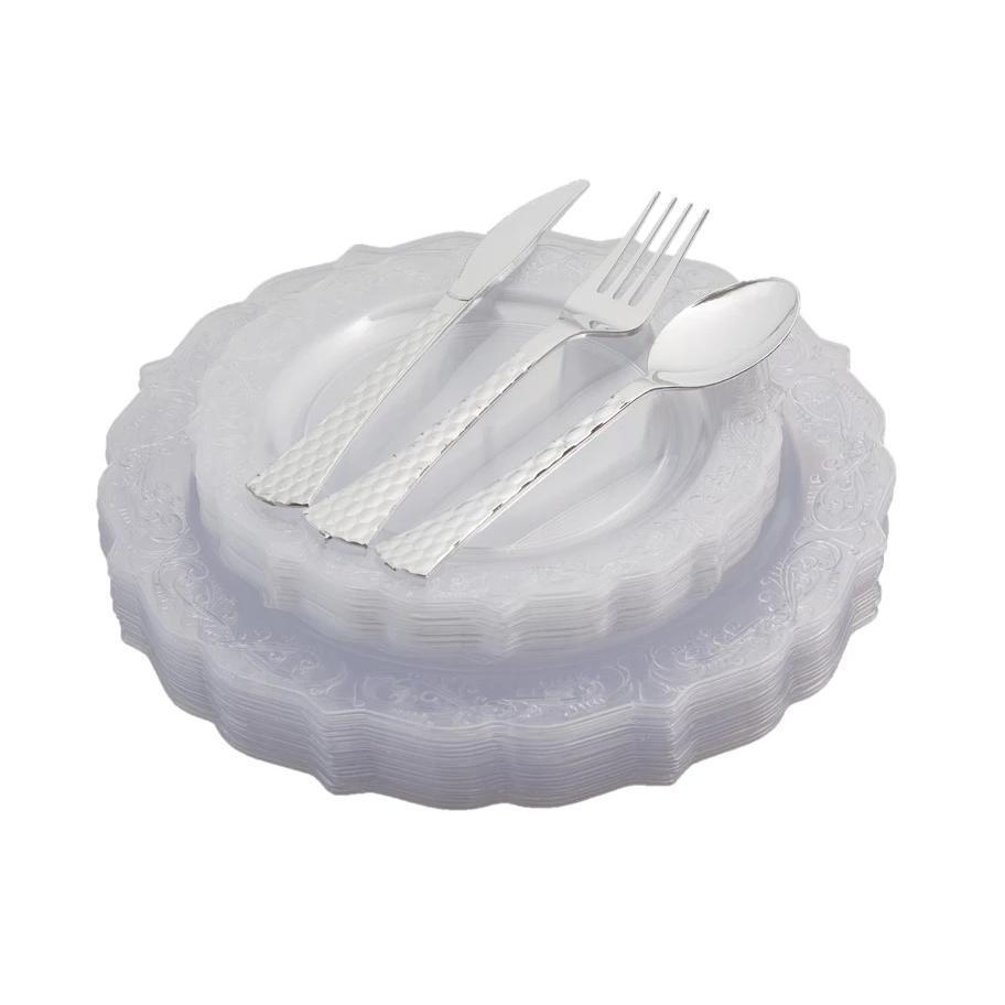 100-Piece Clear Round Plastic Dinnerware and Silverware Set (20 Servings) - Elegant & Durable Disposable Tableware for Parties, Weddings, Picnics, and Outdoor Events