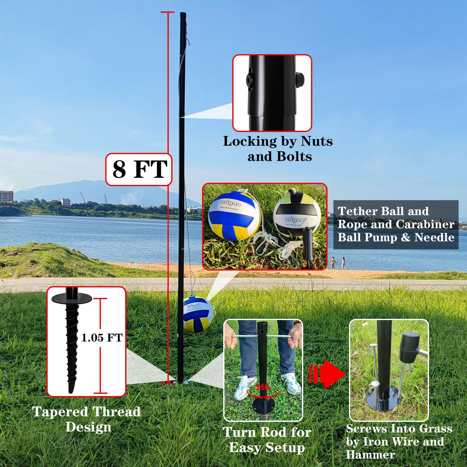 Premium Tetherball Set with Steel Pole - 2 Balls, Rope, Pump & Needle, Hammer - Outdoor Backyard Game for Kids & Adults - Perfect for Family Gatherings, Parks, and School Playgrounds