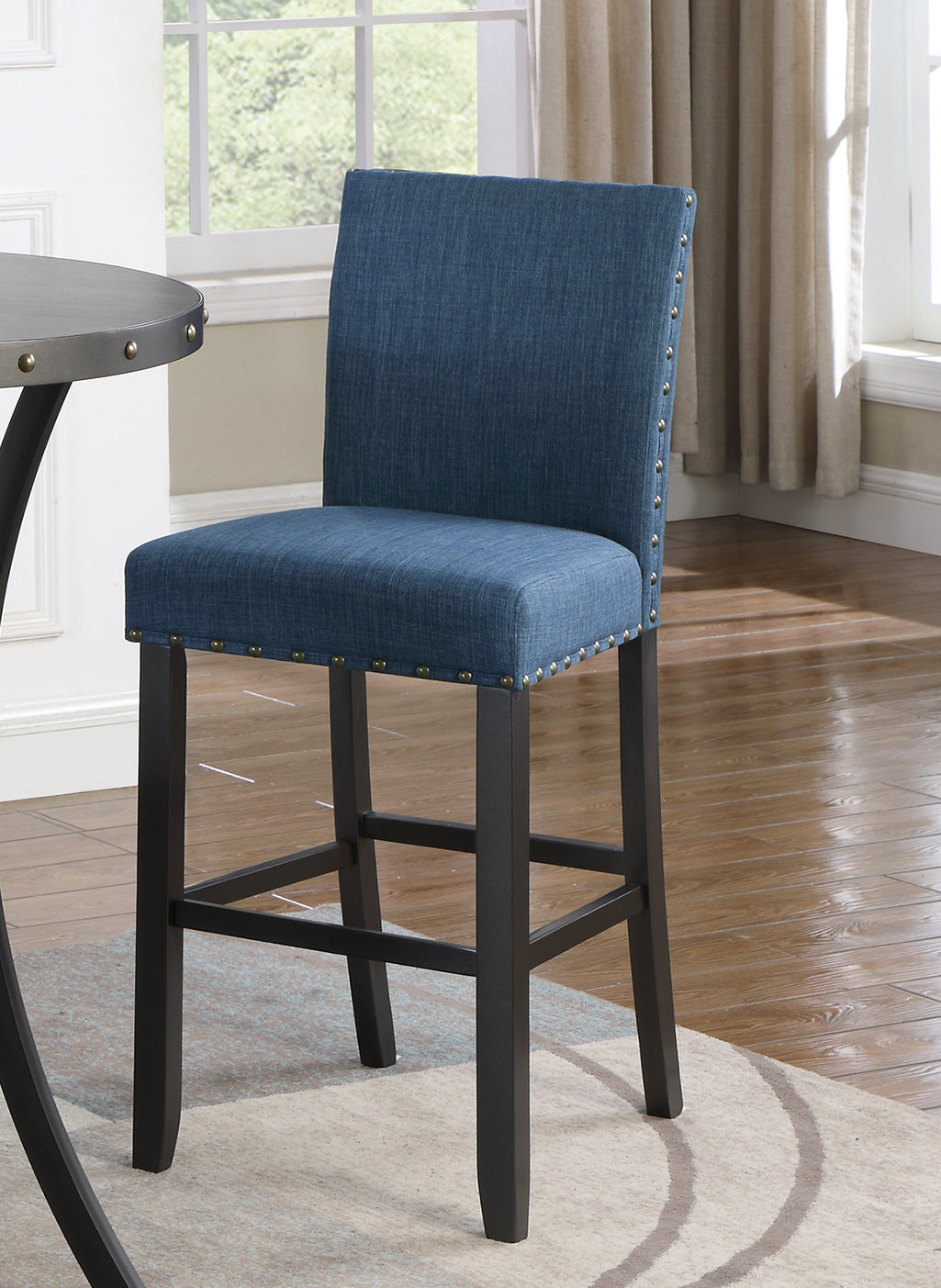 Roundhill Furniture Biony Fabric Bar Stools with Nailhead Trim - Set of 2 Blue Upholstered Counter Height Stools for Kitchen Island, Breakfast Bar & Home Decor