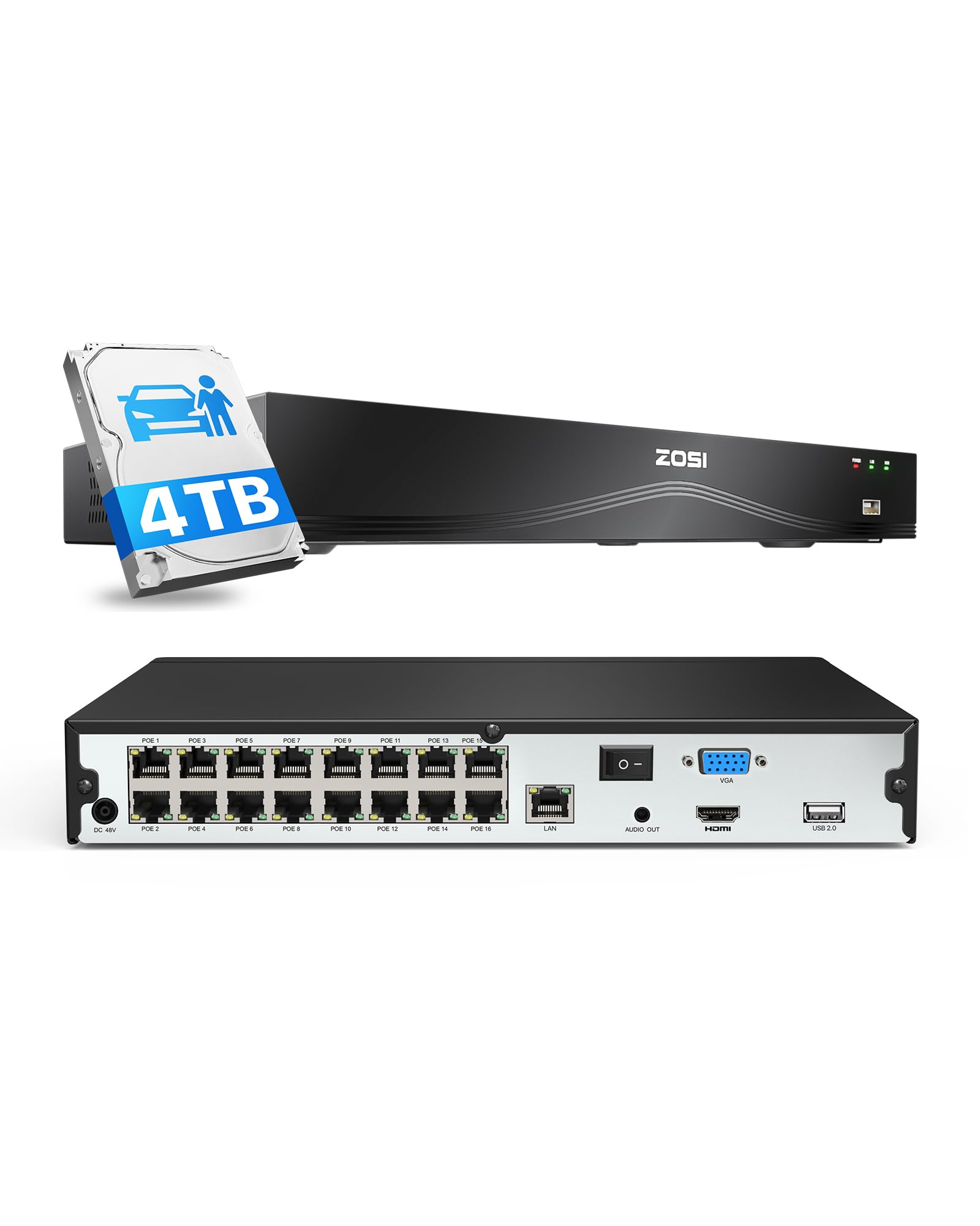 ZOSI 24 Channel 4K PoE NVR Security System with 16 Ports, 8MP Dual HDD Backup, Pre-Installed 4TB HDD for 24/7 Recording - Compatible with 4K/5MP/4MP/3MP ZOSI PoE Cameras - Ideal for Home Security, Business Surveillance & Property Monitoring