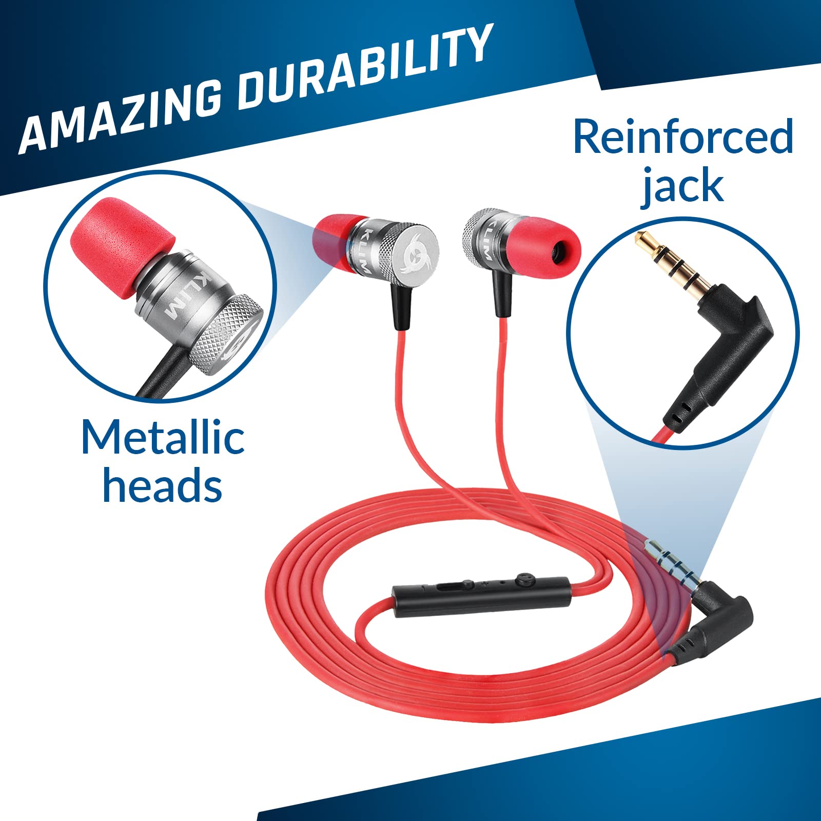 KLIM Fusion Wired Earbuds with Microphone - Memory Foam Earphones for Gaming & Music - 3.5mm Jack Noise Isolation Headphones - 5 Year Warranty (Red) - Perfect for Workouts, Commuting & Online Gaming