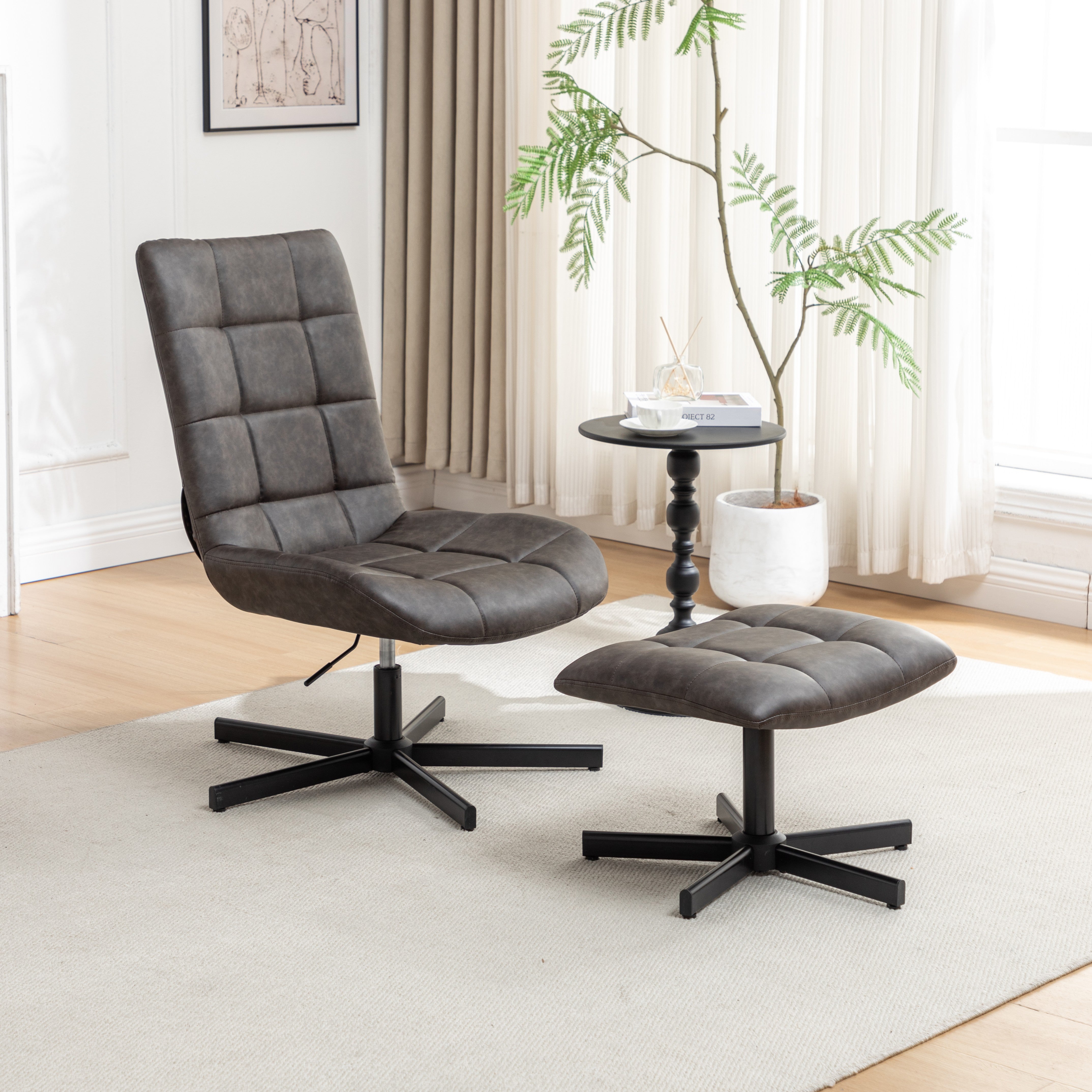 Roundhill Furniture Arlena Faux Leather Tufted Accent Chair with Ottoman Set - Modern Living Room Seating for Home Office, Bedroom or Lounge Area