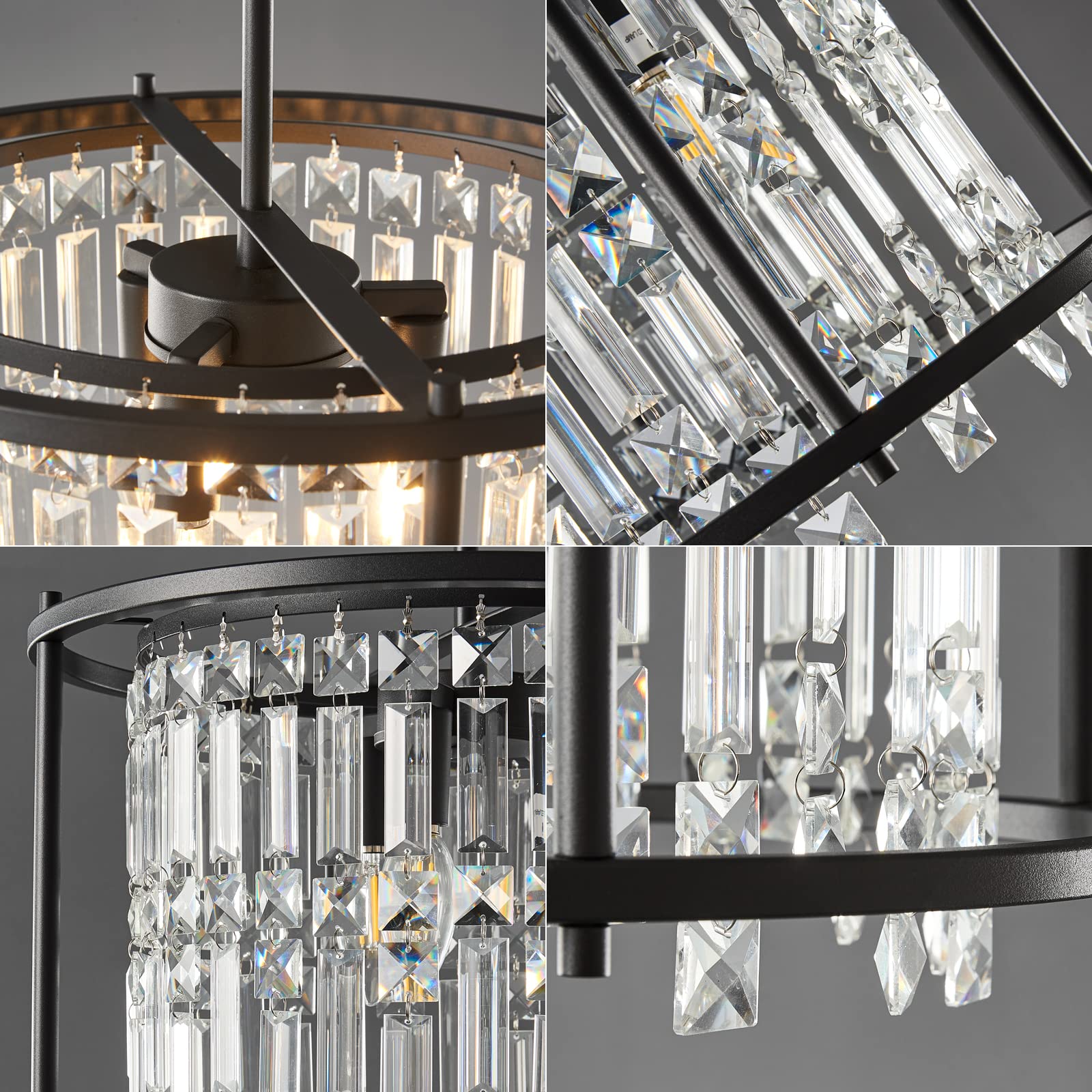 LMQNINE 3-Light Round Industrial Chandelier - 15.74 Inch Black Crystal Pendant Light Fixture for Kitchen Island, Dining Room, Living Room & Entryway | Modern Farmhouse Lighting for Home Decor & Restaurant Ambiance