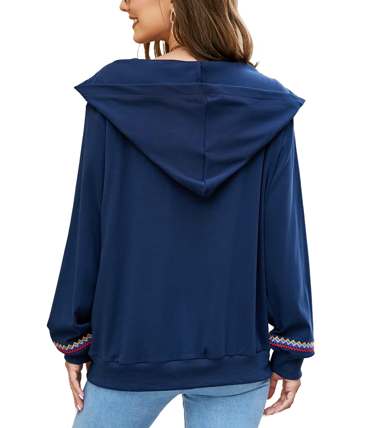 AK Women's Full Zip Long Sleeve Embroidered Sweatshirt - Floral Boho Mexican Hoodie Jacket for Fall & Winter | Cozy Outerwear for Casual Wear, Street Style & Layering