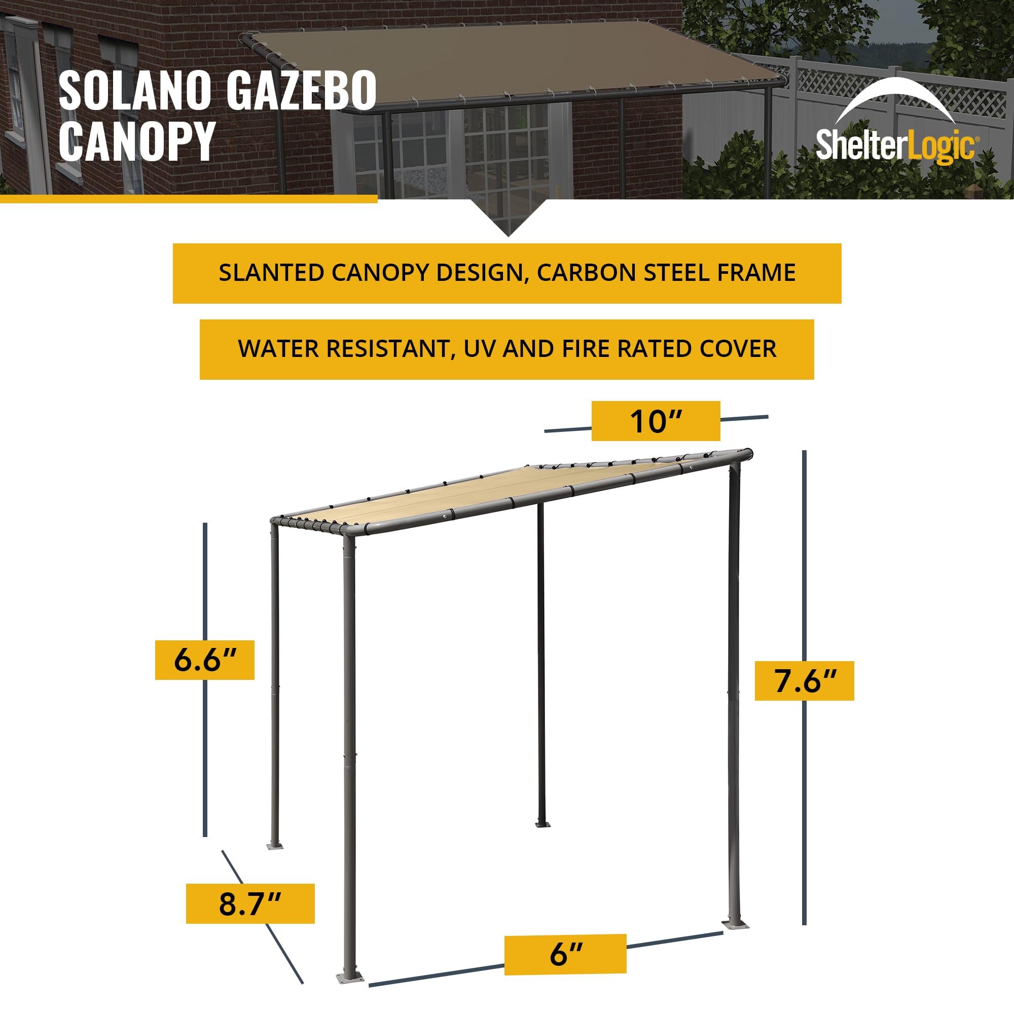 ShelterLogic 10' x 6' Solano Gazebo with Carbon Steel Frame & Water-Resistant Tan Canopy - Outdoor Sun Protection for Patio, Garden, and Backyard
