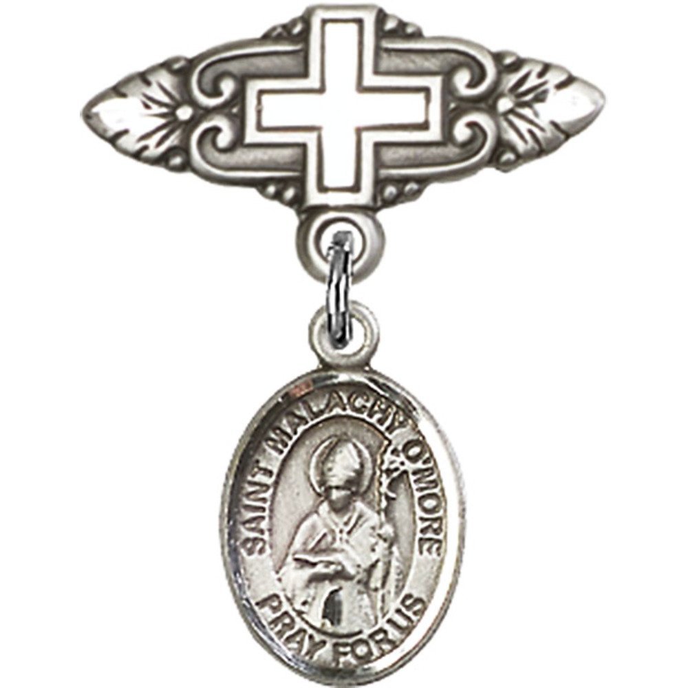 St. Malachy O'More Sterling Silver Baby Badge with Cross Charm & Pin - 1 X 3/4 Inch - Perfect for Christening Gifts, Baptism Keepsakes & Religious Jewelry Collections