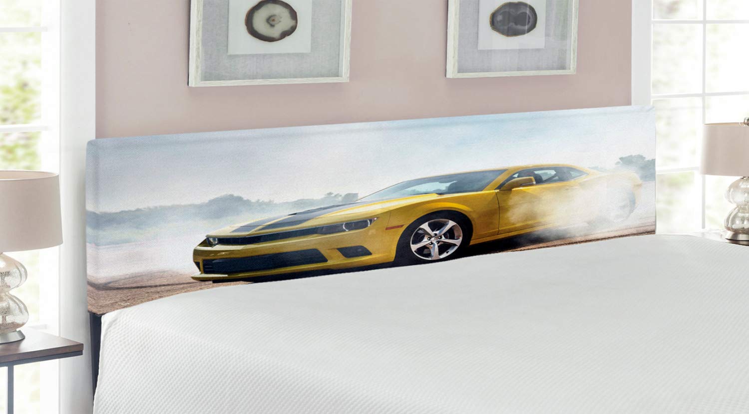 Ambesonne Racing Car Headboard - King Size Upholstered Metal Bed Headboard with Memory Foam, Vibrant Yellow Sports Car Design for Bedroom Decor | Perfect for Race Car Enthusiasts & Kids' Room Themes