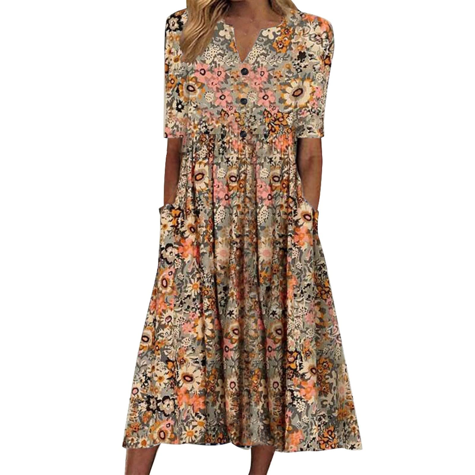 Women's Floral Print Short Sleeve Button Up Midi Dress - Summer Casual Wedding Guest & Party Flowy Dress - Perfect for Garden Parties, Bridal Showers & Beach Weddings