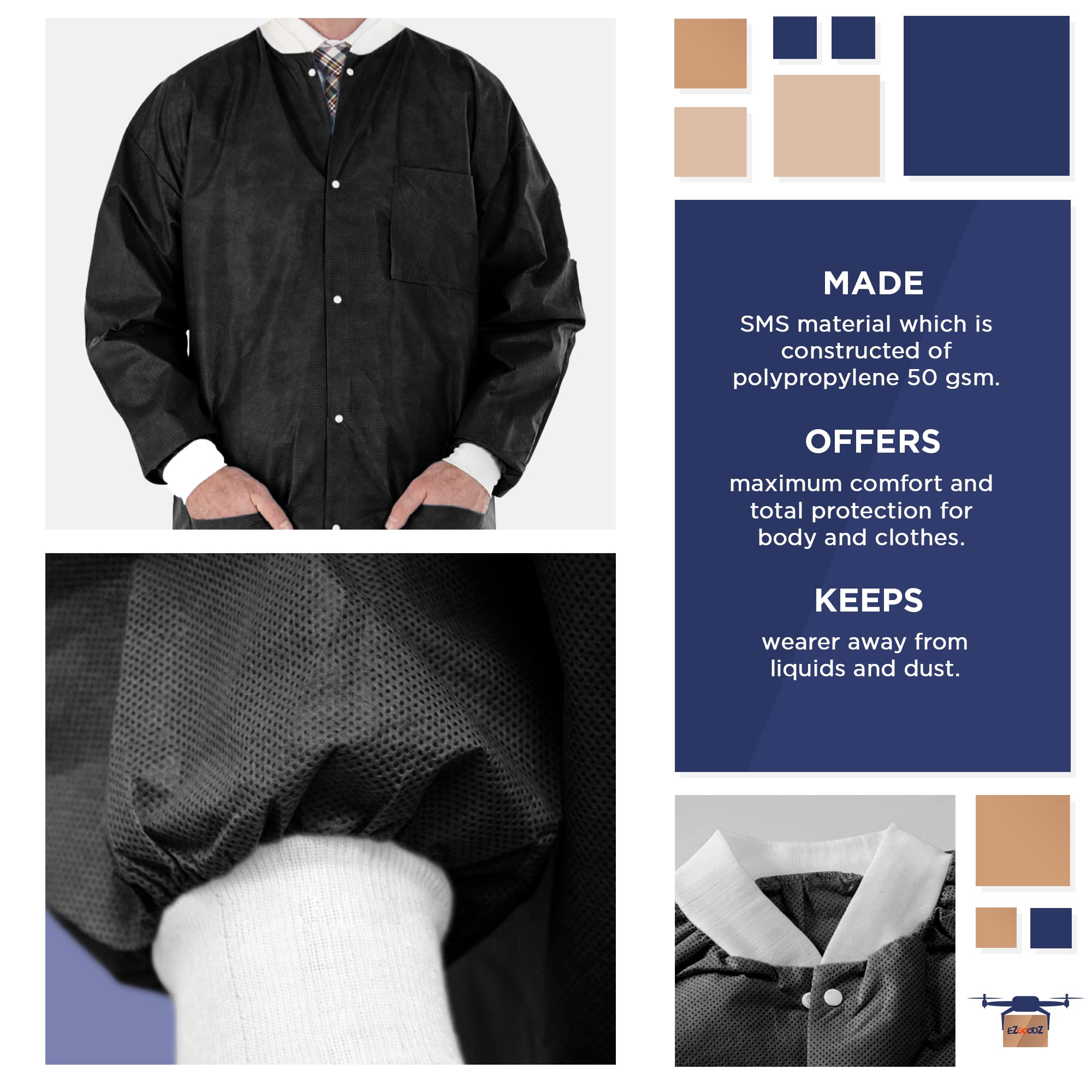 EZGOODZ Disposable Lab Coat - 30 Inch Long Black SMS 50 GSM Unisex PPE Workwear with Snap Front, Knit Cuffs & 3 Pockets (Pack of 100) | Ideal for Medical Labs, Cleanrooms, Food Processing & Industrial Safety