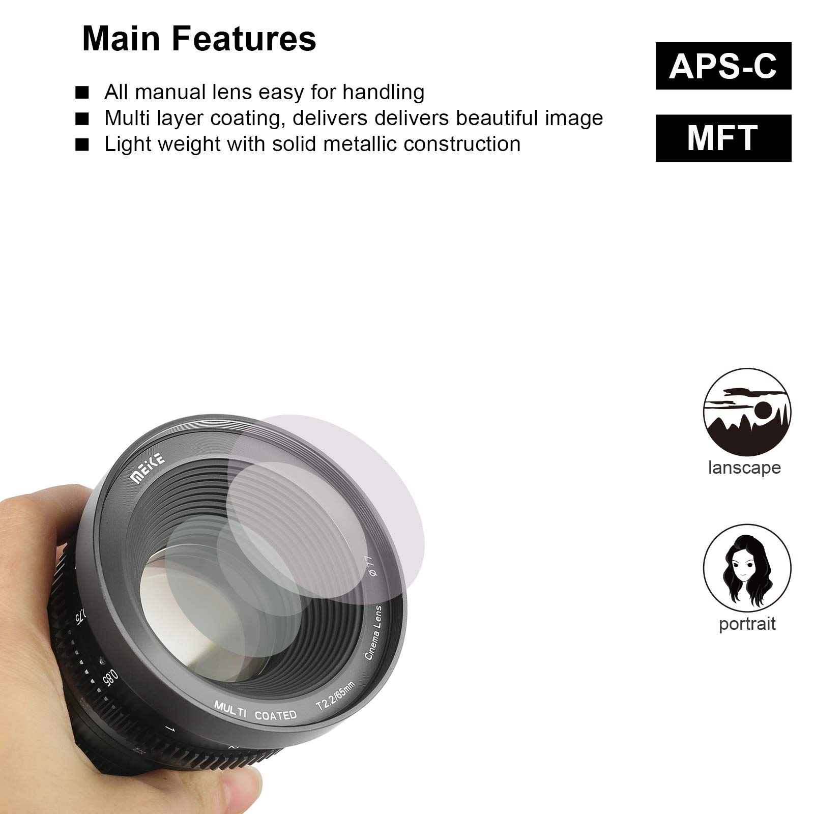 MEKE 65mm T2.2 Large Aperture Manual Focus Cine Lens - Low Distortion 4K Compatible with Sony E Mount (FS5, FS7, FX30) for APS-C & Super 35mm Cameras - Perfect for Filmmaking, Vlogging & Professional Videography
