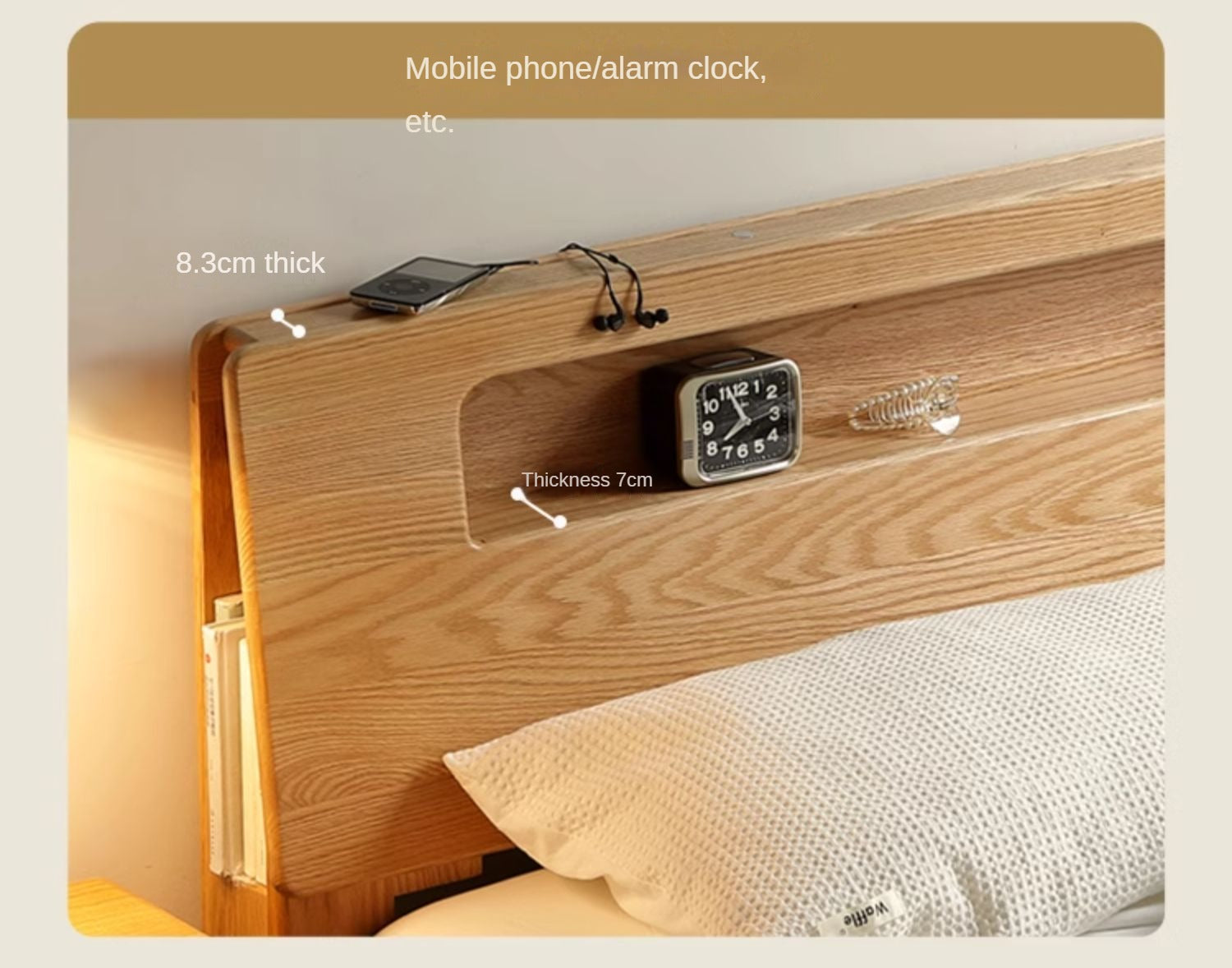 Solid Oak and Beech Wood Bed with Built-in LED Lights and Bookshelf - Modern Bedroom Furniture for Small Spaces, Lofts, and Studio Apartments