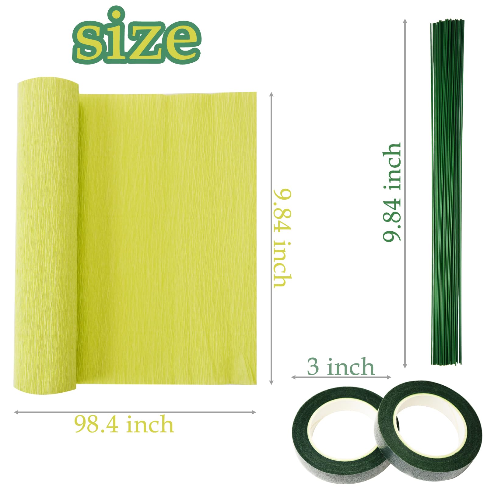 Chaekoy Green Crepe Paper - 6 Rolls 10 Inch Wide Streamers for DIY Flower Making, Wedding & Party Decorations | Includes Floral Tape & Stem Wire for Festive Crafts, Backdrops, and Bouquet Arrangements