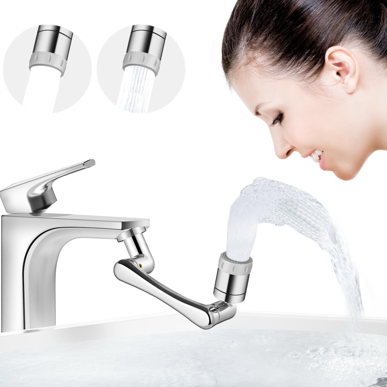 1440° Swivel Faucet Extender - Universal Faucet Aerator with 2 Water Modes, 1080°+360° Rotation for Kitchen & Bathroom Sink - Perfect for Washing Hair, Face, and Eyes - Ideal for Baby Bathing, Pet Cleaning, and Dish Washing