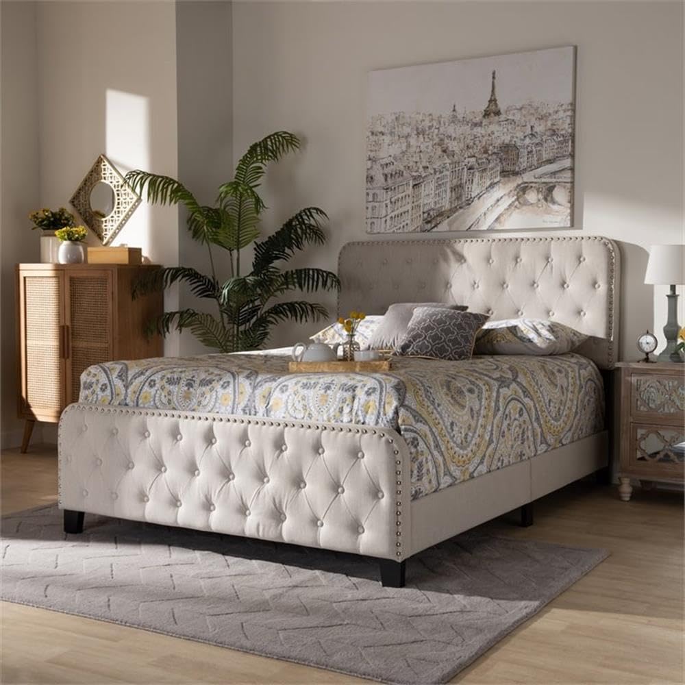 BOWERY HILL Full Size Beige Upholstered Button Tufted Panel Bed Frame - Queen Size Upholstered Platform Bed with Tufted Headboard for Modern Bedroom Decor