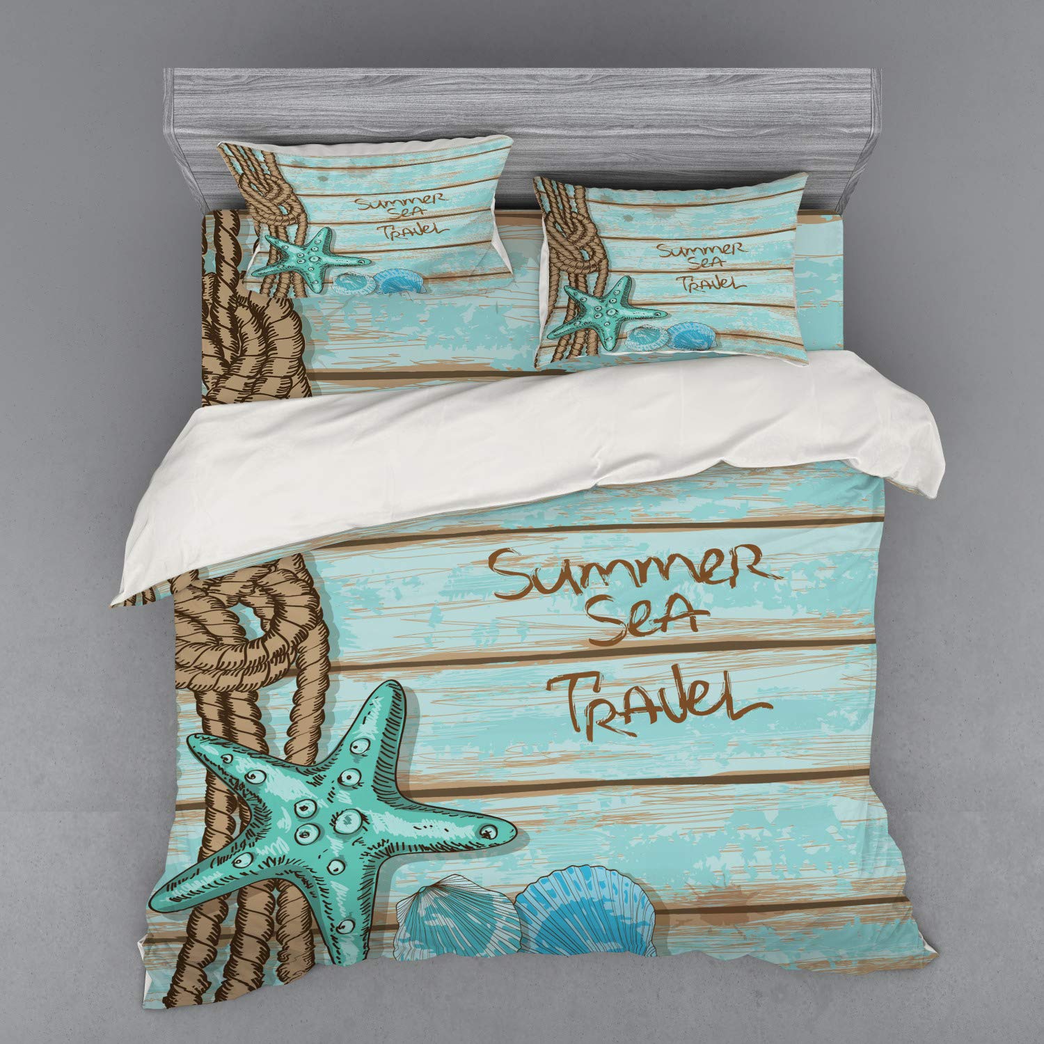 Ambesonne Starfish Duvet Cover Set - 3 Piece King Size Bedding Set with Pillow Sham & Fitted Sheet, Mint Green Turquoise Ocean Theme - Perfect for Summer Beach House Decor, Coastal Bedroom Style & Nautical Themed Guest Rooms