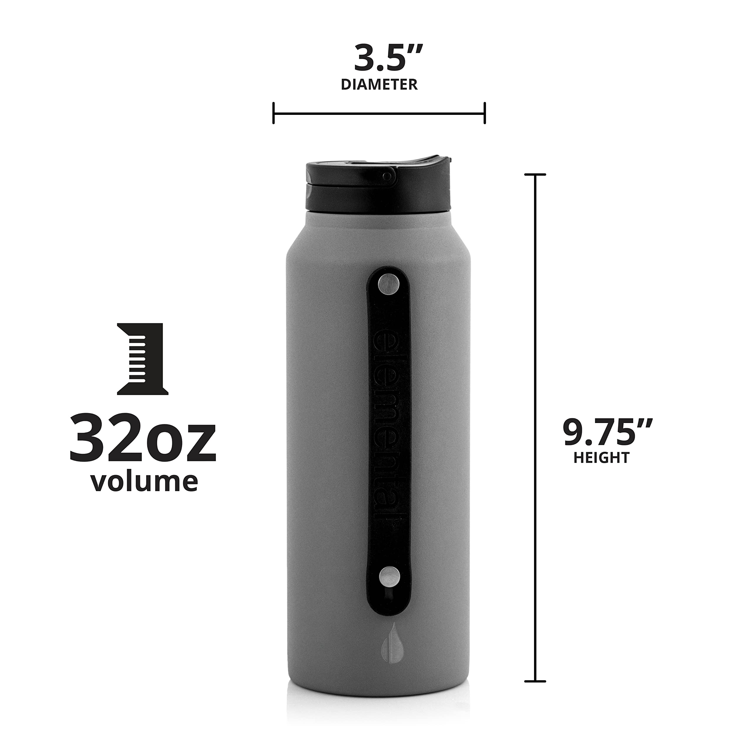 Elemental Iconic 32 oz Stainless Steel Water Bottle with Straw - Triple Wall Insulated, Leak Proof - Reusable Gym & Sports Water Bottle with 2 Straws - Graphite - Perfect for Hiking, Workouts & Outdoor Adventures