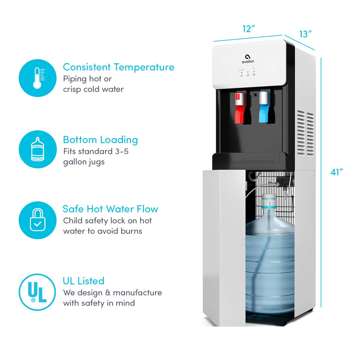 Avalon Bottom Loading Water Cooler Dispenser with Hot & Cold Water - Child Safety Lock, Slim Space-Saving Design for Home & Office - Compatible with 3 & 5 Gallon Bottles - UL Certified White - Perfect for Kitchens, Break Rooms and Dormitories