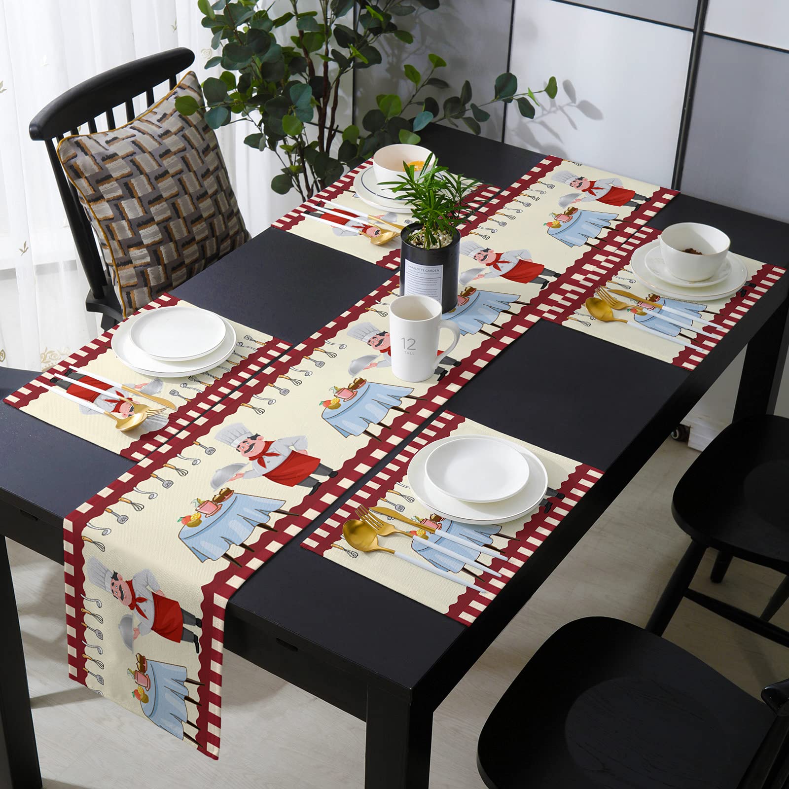 PIEPLE 6-Piece Burlap Table Runner Set with Matching Placemats - 70 Inch Rustic Table Decor for Kitchen, Dining Room, Outdoor Events | Washable Fabric for Coffee, Pizza, Pasta Meals & Chef-Inspired Gatherings