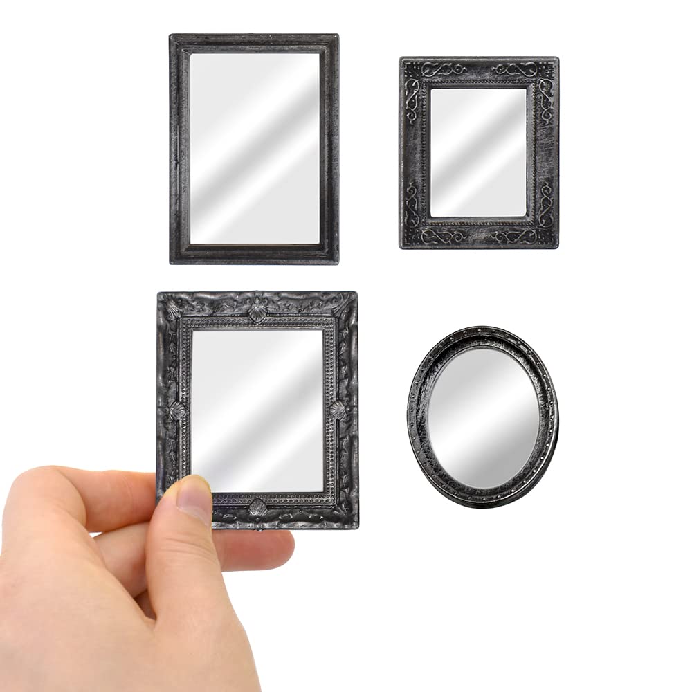 iLAND Mini Mirrors for Dollhouse - 1:12 Scale Miniature Framed Glass Mirrors (Dark Silver, 4 Pack) - Perfect for Dollhouse Decor, DIY Crafts, Miniature Room Displays & Model Train Scenes - Ideal for Home Decoration, Gift Giving and Creative Projects