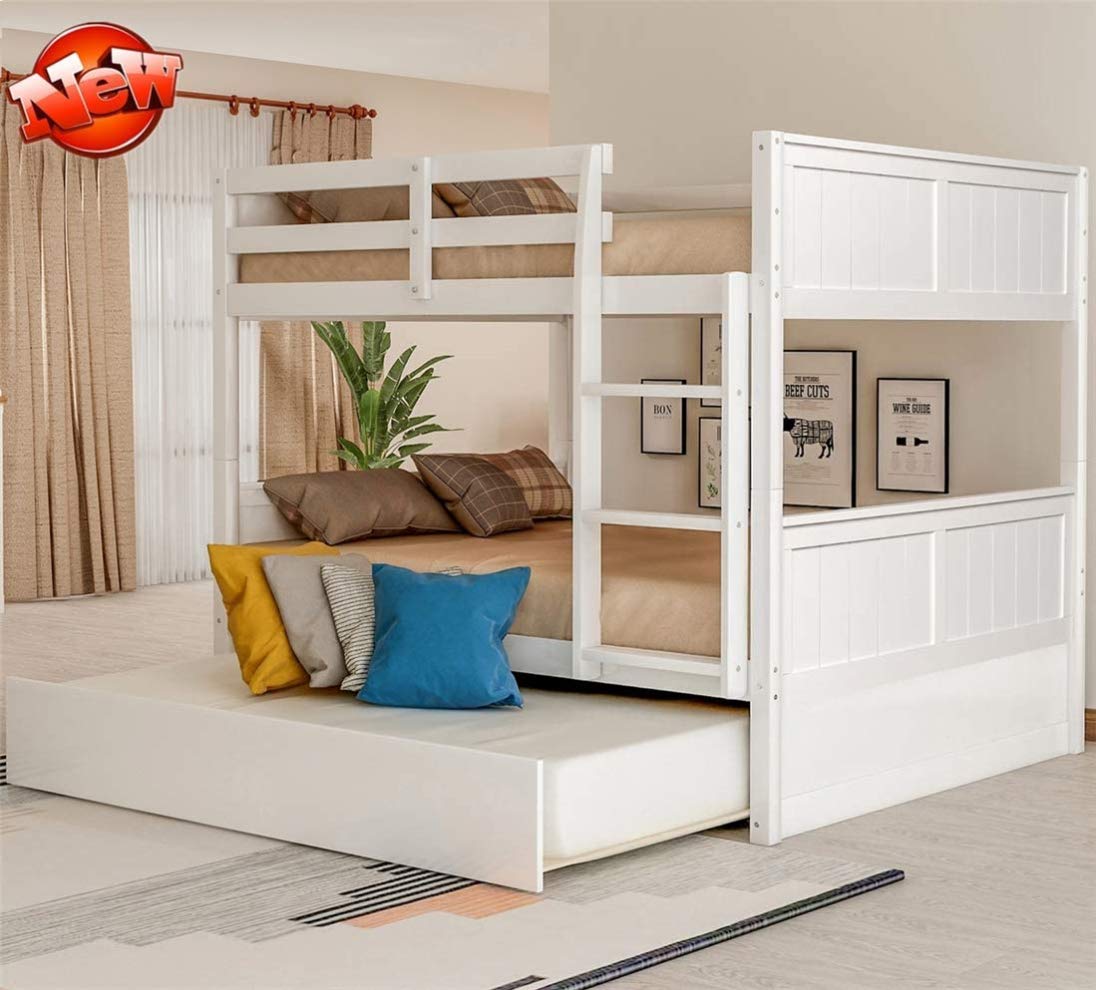 Jresboen Solid Wood Bunk Bed Full Over Full with Trundle & Safety Rail - Sturdy for Kids, Teens & Adults - Perfect for Small Spaces & Guest Rooms