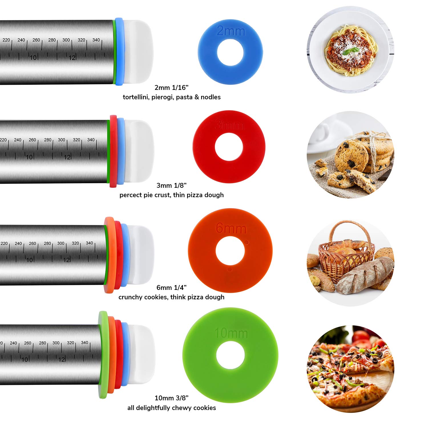 Premium Stainless Steel Rolling Pin with Adjustable Thickness Rings & Non-Slip Baking Mat Set - Perfect for Fondant, Pizza Dough, Pies, Pastry, Pasta and Cookie Making - Ideal for Home Bakers and Professional Kitchens