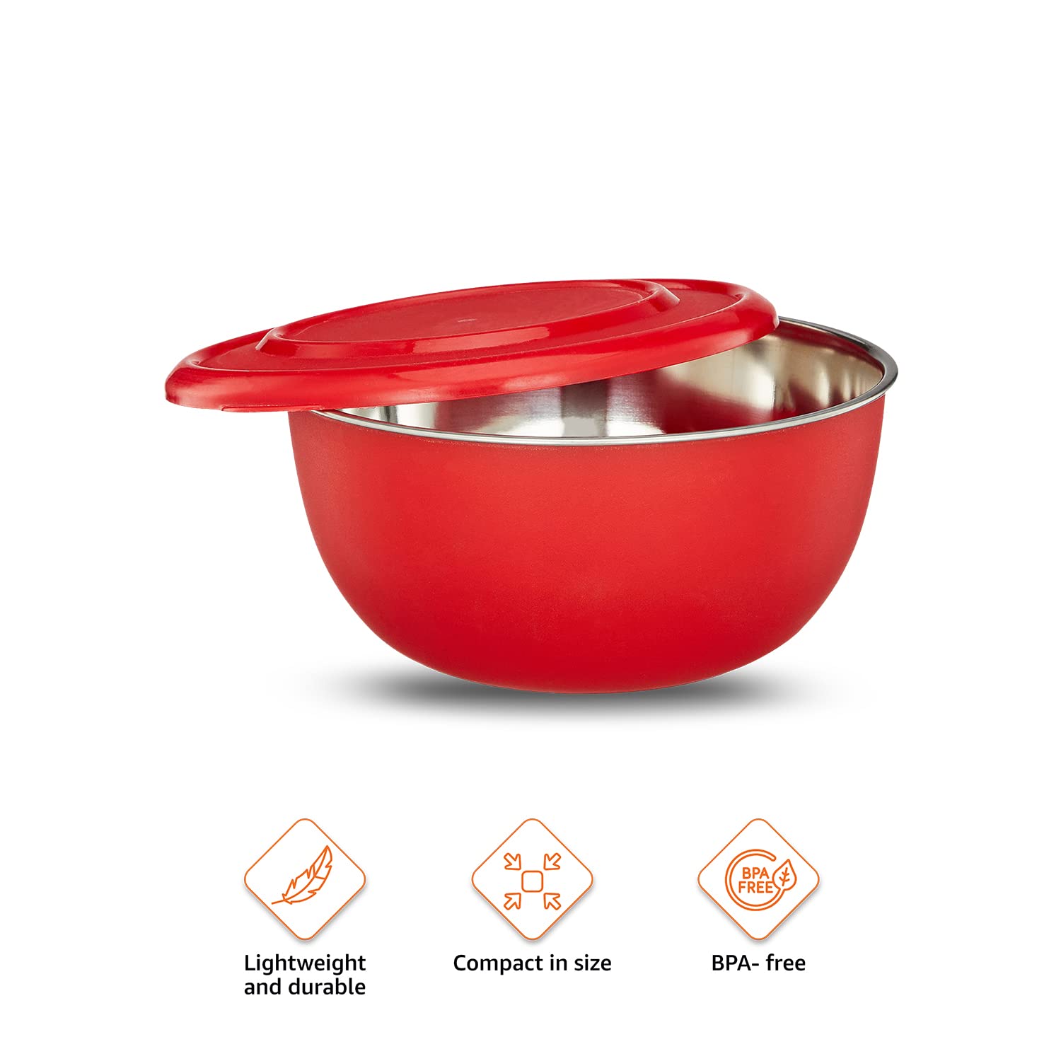 Solimo Stainless Steel Mixing Bowls Set of 3 (500ml, 750ml, 1250ml) - Microwave Safe, No Lids, Red - Perfect for Baking, Meal Prep & Food Storage