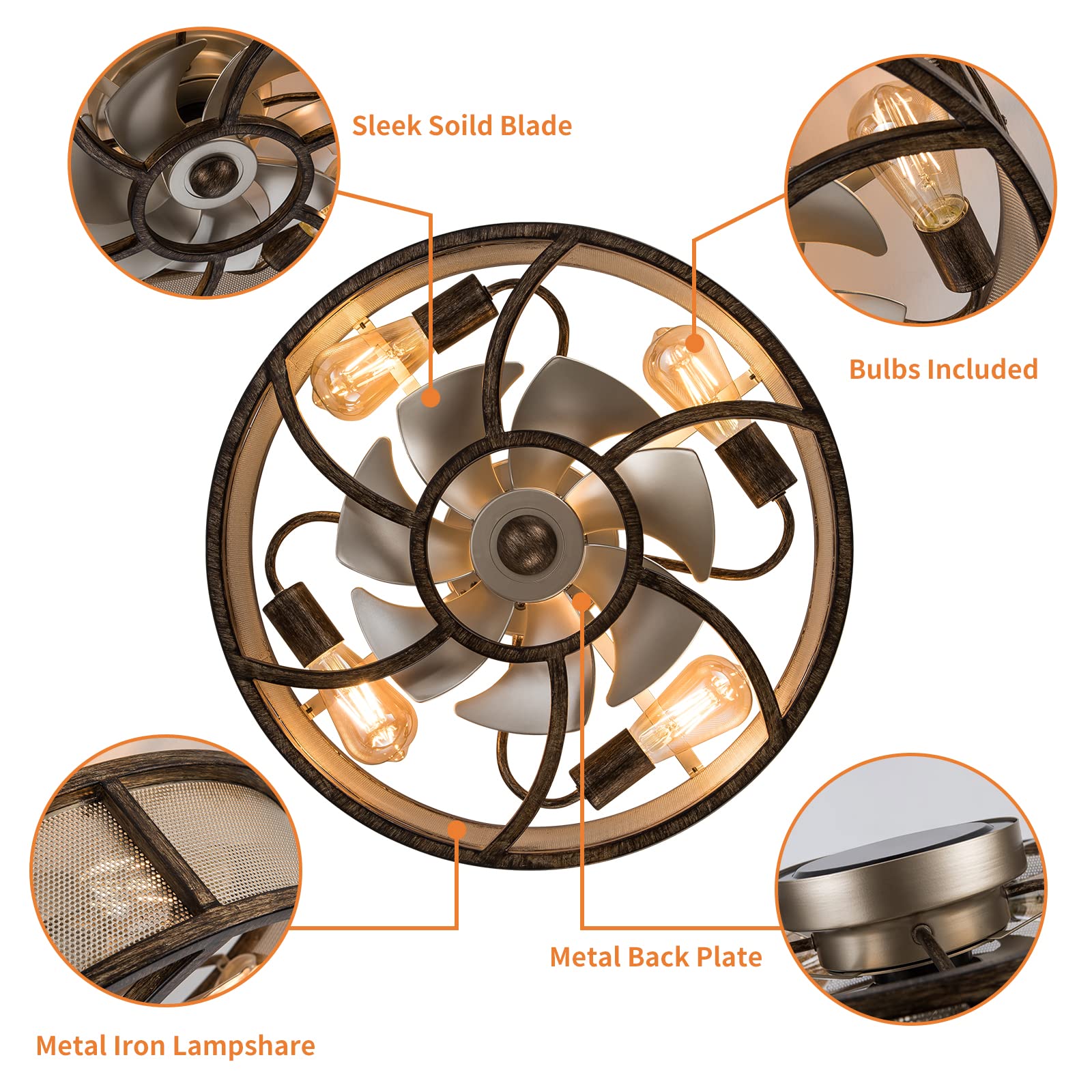 21'' Low Profile Bladeless Enclosed Ceiling Fan with Light & Remote Control - 6 Speed Reversible Rustic Farmhouse Style with 5 Bulbs - Perfect for Bedroom, Kitchen, Living Room & Indoor Spaces