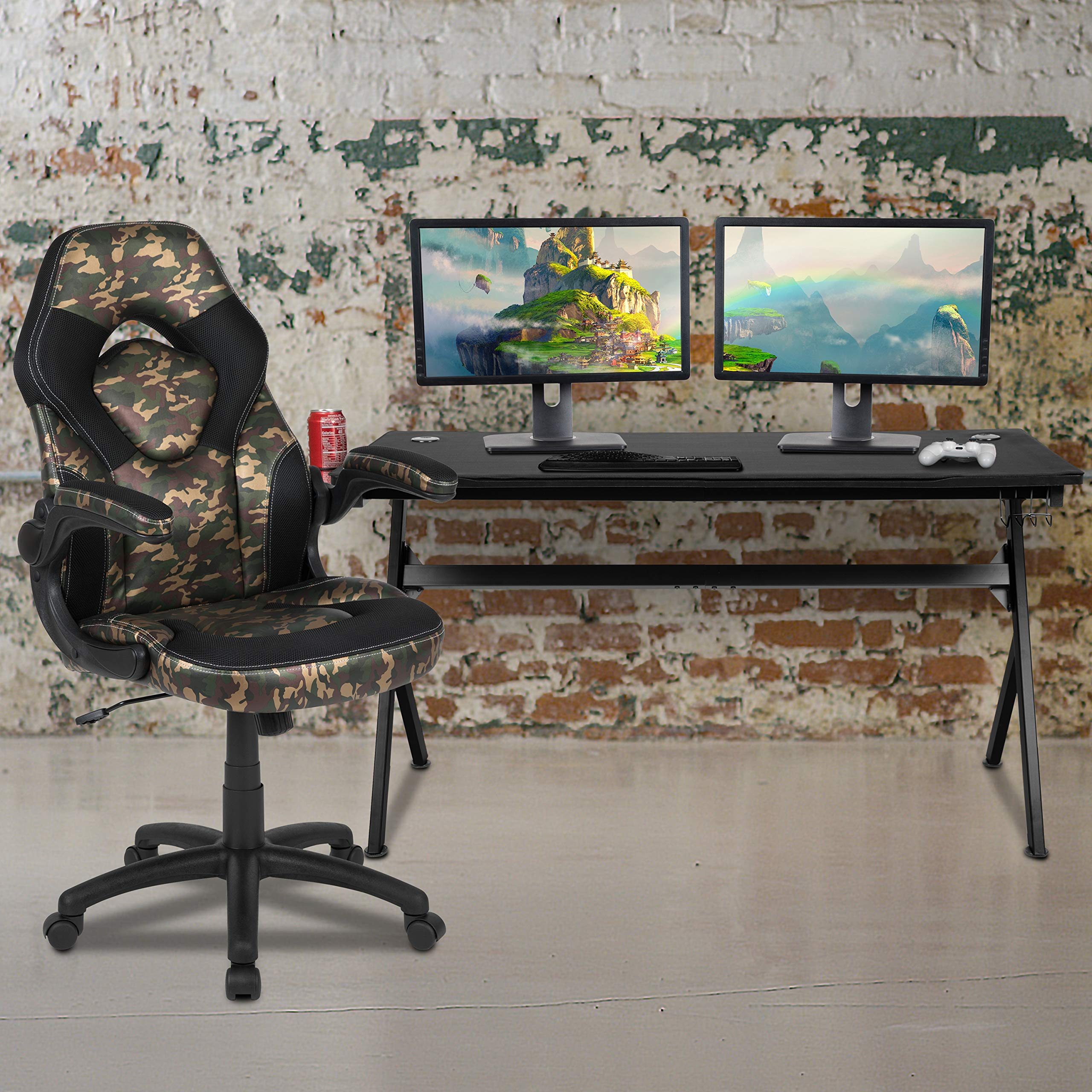 Premium Gaming Desk & Camouflage/Black Racing Chair Set with Cup Holder, Headphone Hook & Removable Mouse Pad - 2 Cable Management Holes for PC Gaming Setup | Perfect for Esports, Streaming & Home Office Workstations