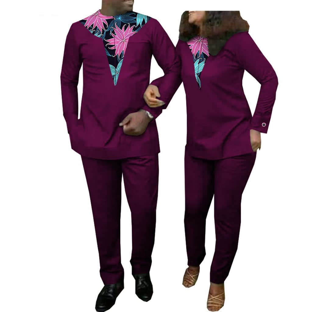 African Couple Matching Outfits - Dashiki Floral Printed Wax Tracksuit Set with Long Shirt & Pants | Traditional African Attire for Weddings, Parties & Cultural Events