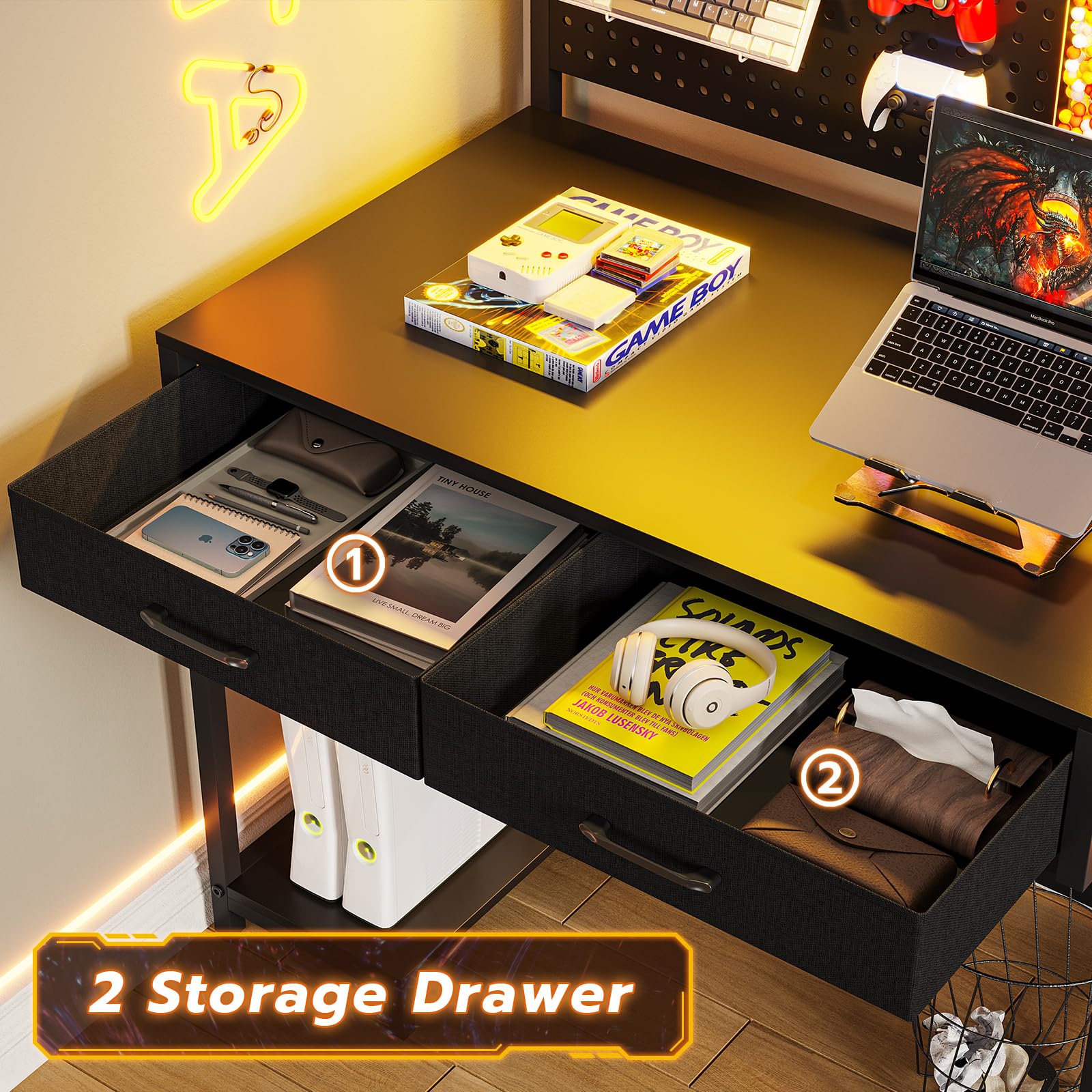 SEDETA L-Shaped Gaming Desk with LED Lights, Pegboard & Drawers - Ergonomic Computer Desk with Monitor Stand, Storage Shelves & Hutch - Black Corner Desk for Home Office, Streaming & PC Gaming Setup