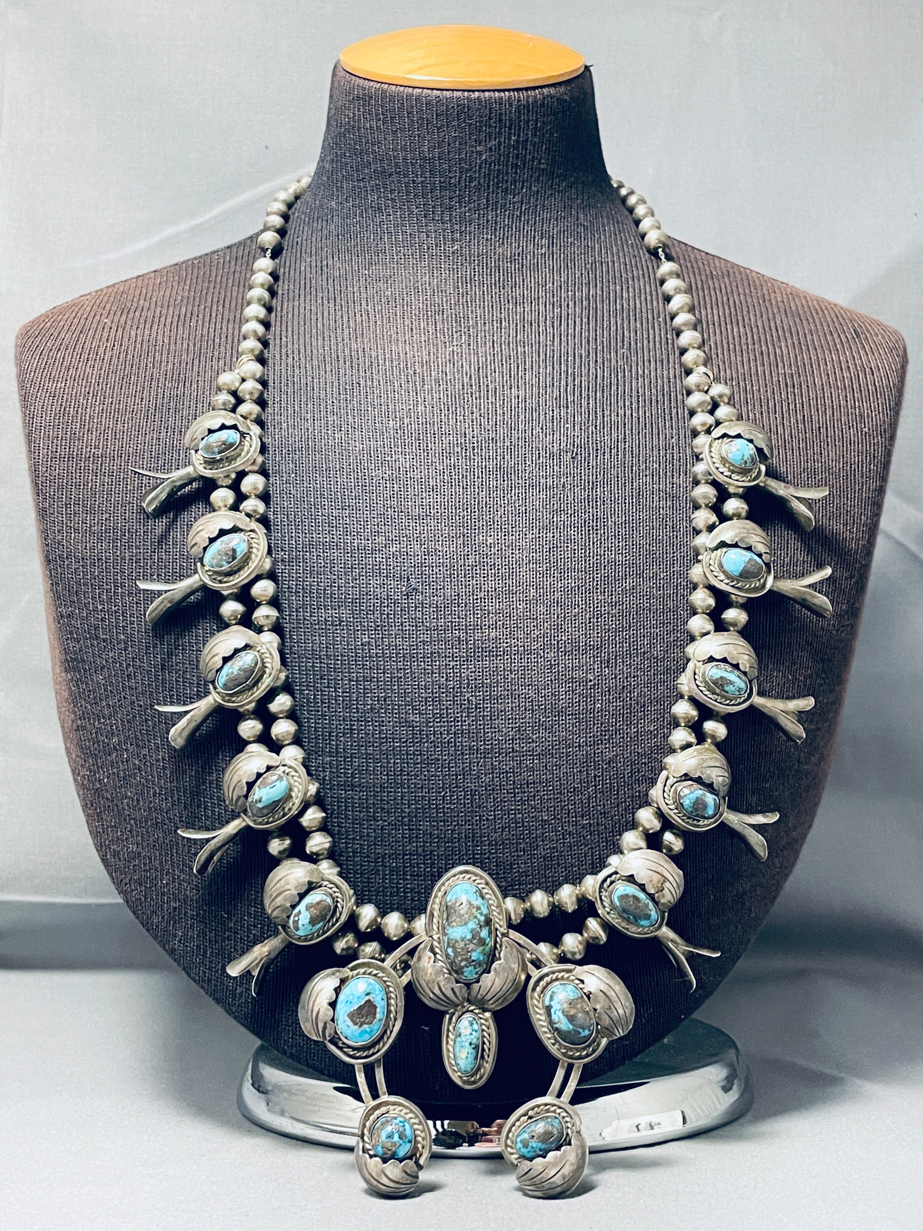 Authentic 100% Bisbee Turquoise Vintage Native American Navajo Sterling Silver Squash Blossom Necklace | Handcrafted Jewelry for Women | Perfect for Boho Fashion, Weddings & Special Occasions