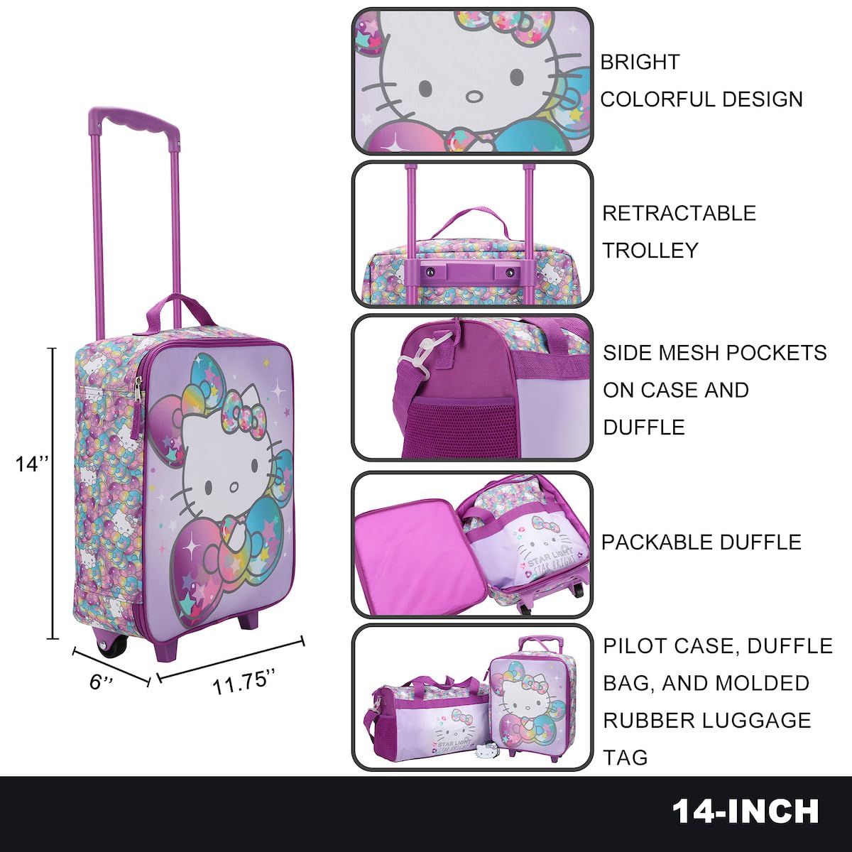 Bioworld Hello Kitty Starshine 3-Piece Youth Travel Set - Pilot Case, Duffle Bag & Luggage Tag - Cute Carry-On for Girls Airplane Trips & Sleepovers