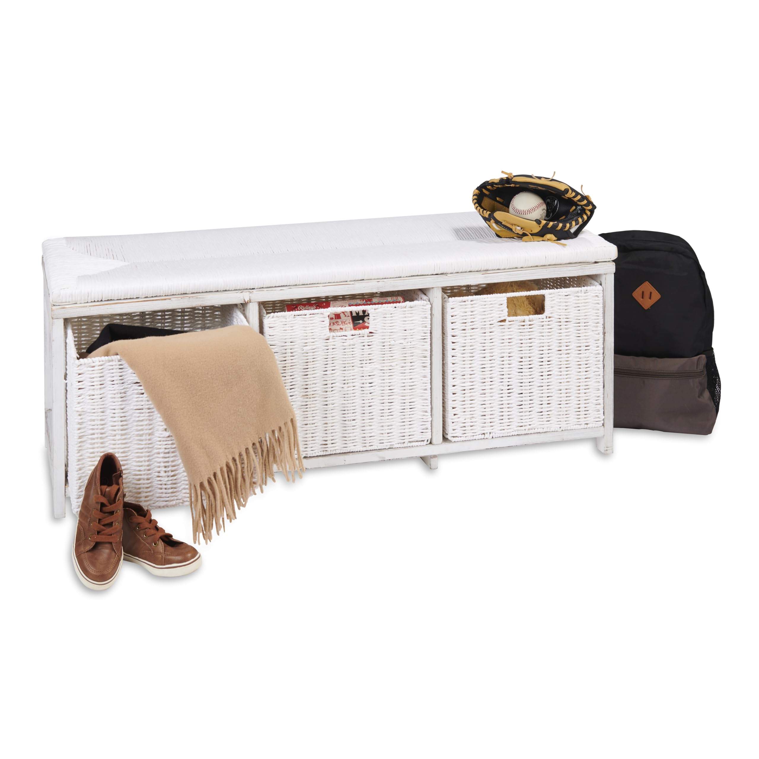 Badger Basket White Toy Storage Bench for Kids with Woven Top & 3 Collapsible Baskets - Perfect for Nursery, Playroom & Bedroom Organization