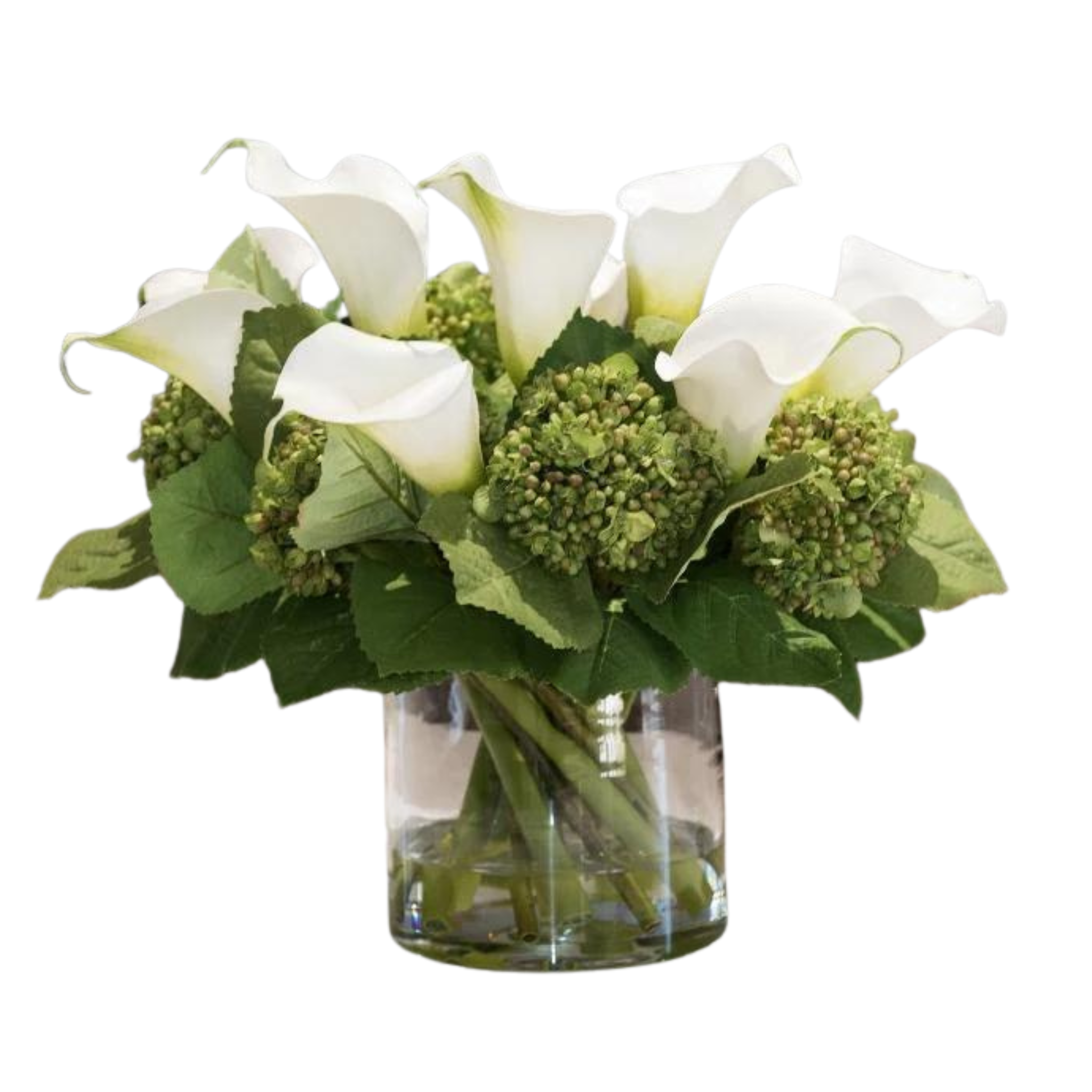 Elegant White Calla Lily & Hydrangea Floral Arrangement in Clear Glass Cylinder Vase - Perfect for Weddings, Home Decor & Centerpieces