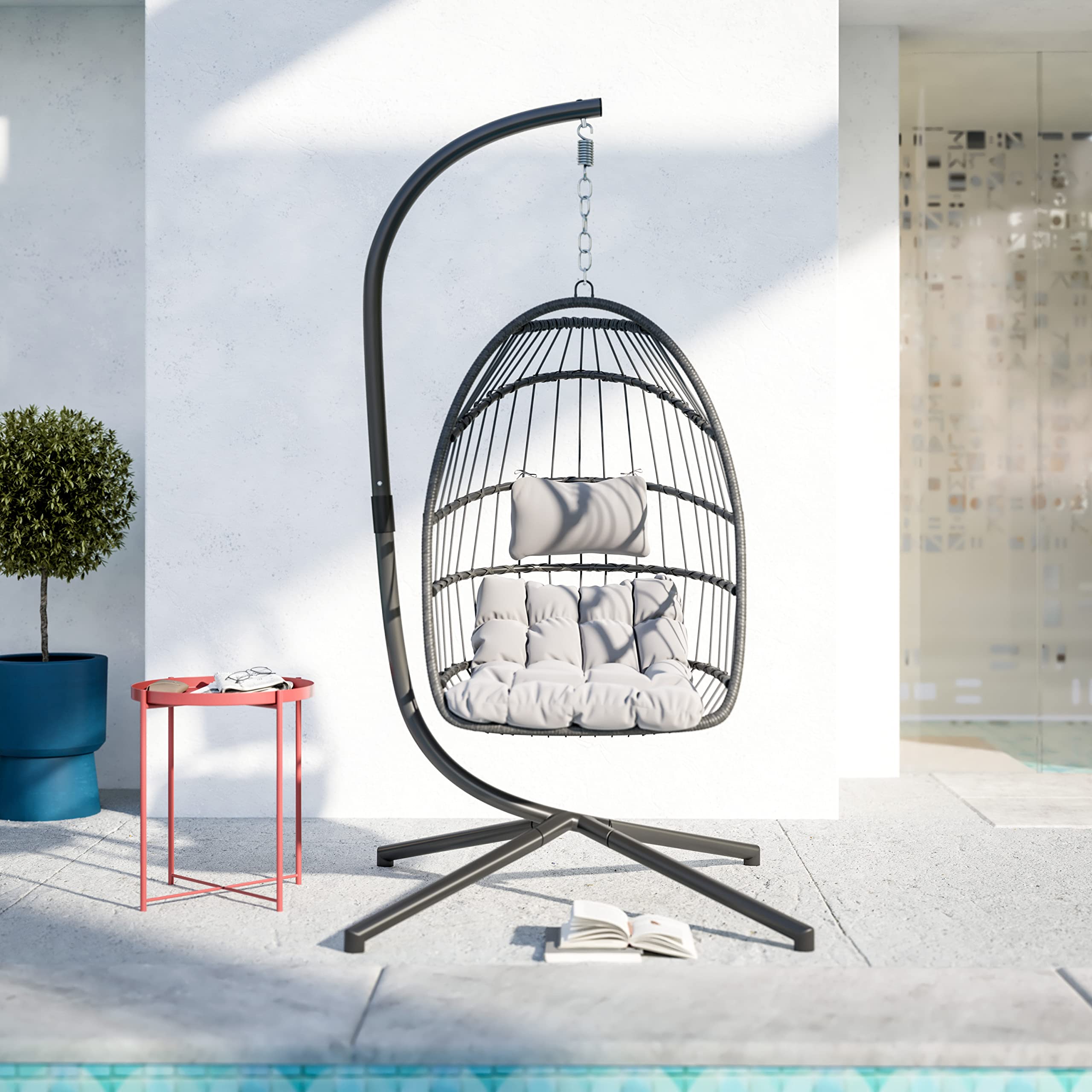 Flash Furniture Cleo Indoor/Outdoor Hanging Egg Chair with Gray Frame & Cushions - Black Powder-Coated C-Stand - Perfect for Patio, Garden, Poolside & Balcony Relaxation