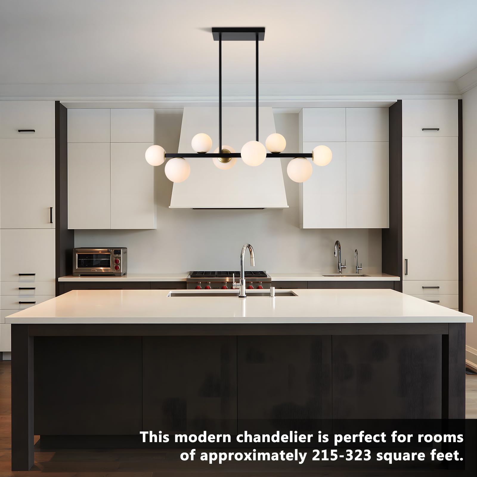 Jonsi Mid Century Modern 8-Light Globe Glass Linear Chandelier - Adjustable Black and Gold Ceiling Hanging Fixture for Dining Room, Kitchen Island, and Living Room Lighting