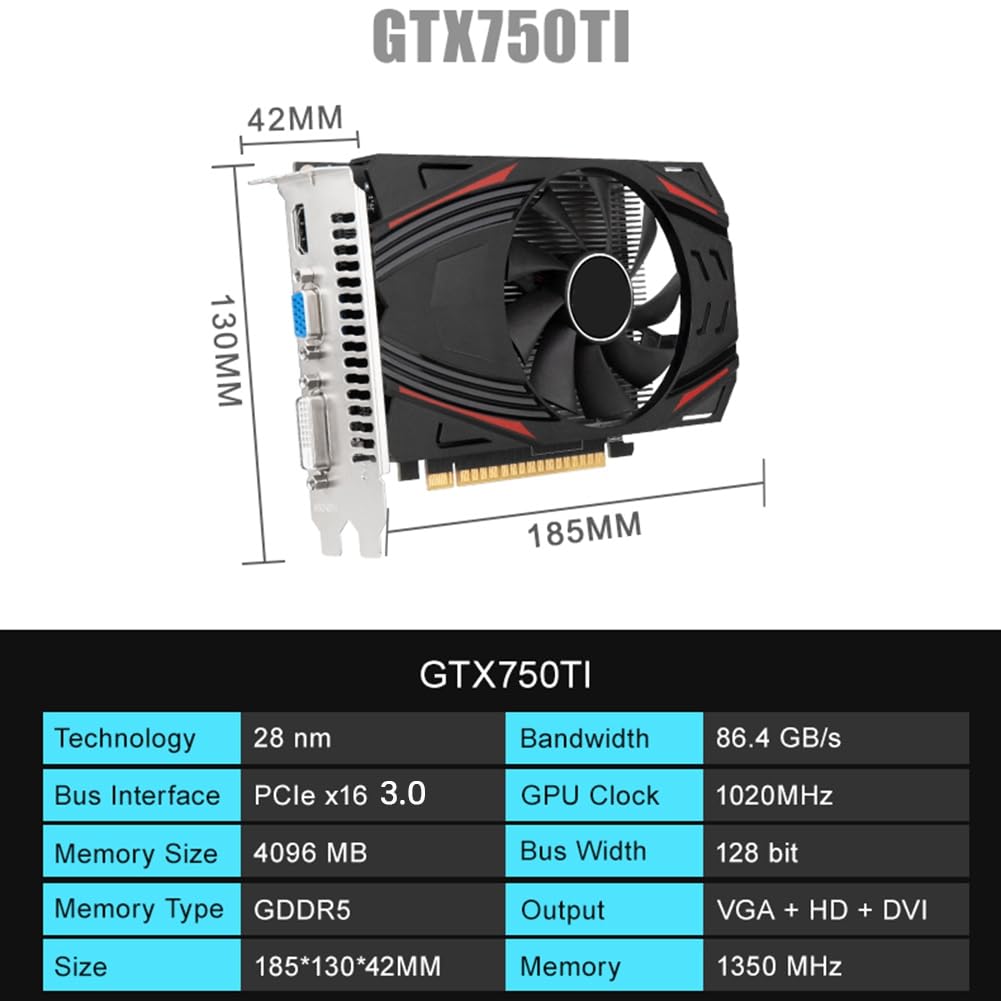 Otueidnsy GTX750TI 4GB GDDR5 Graphics Card - 1020MHz Core Clock, 1350MHz Boost, 28nm PCIe 3.0 x16 with VGA/HDMI/DVI Ports | Perfect for Gaming, Video Editing & Home Theater PCs