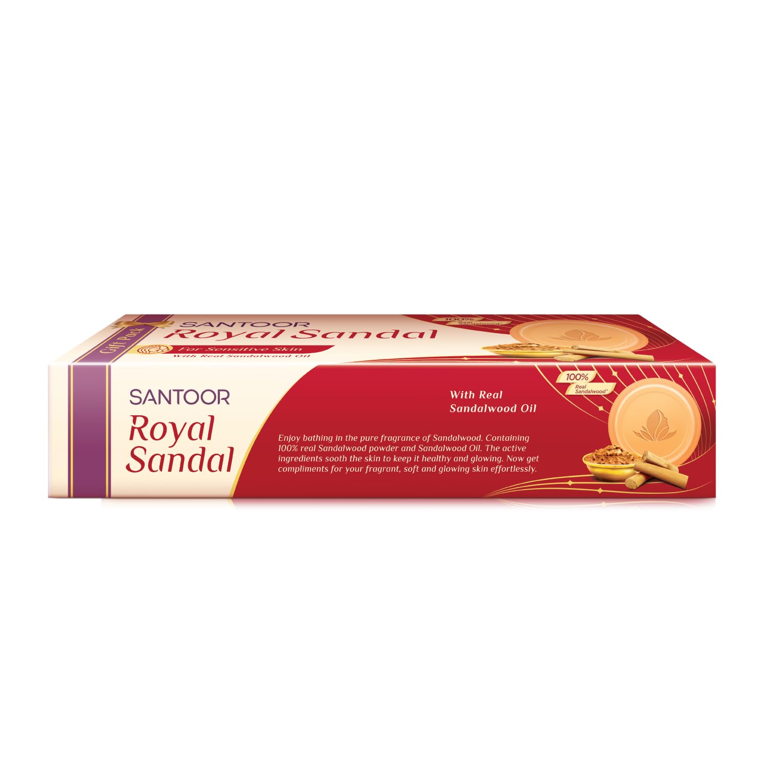 Santoor Royal Sandal Bathing Soap for Sensitive Skin - 100% Natural Sandalwood Oil & Powder with Chamomile Oil & Creamy Moisturizers - Soothes Irritation, Promotes Healthy Glow & Long-Lasting Fragrance - 150g (Pack of 3) - Perfect for Daily Skincare & Aromatherapy Baths