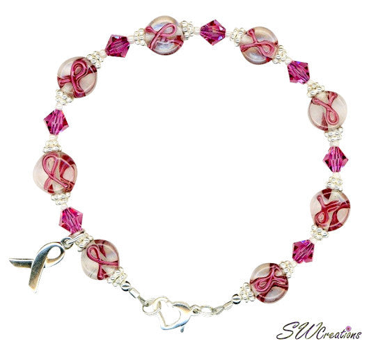 Rose Crystal Beaded Bracelet for Women - Handmade Lampwork Bali Beads, Breast Cancer Awareness Jewelry - Perfect for Gifts, Fundraising & Everyday Wear