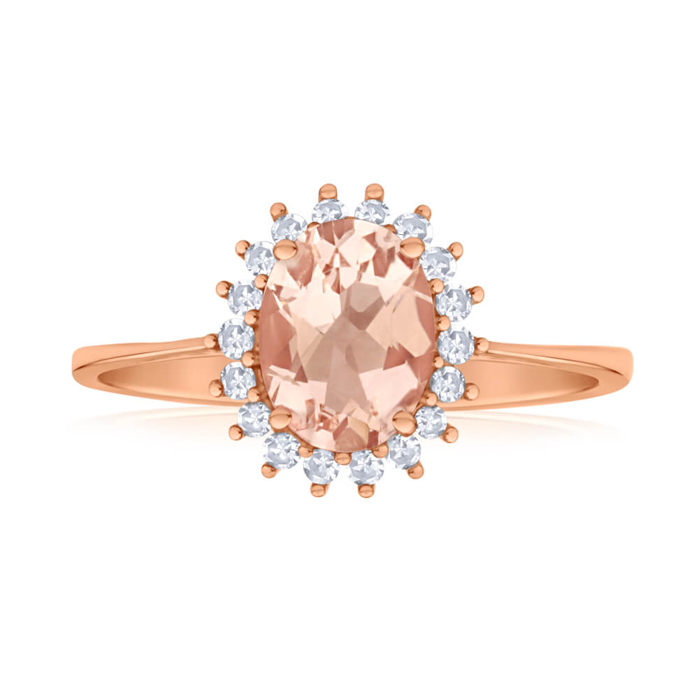 9ct Rose Gold Diamond & 8x6mm Morganite Cluster Ring - Elegant Engagement, Wedding, or Anniversary Jewelry Gift for Women