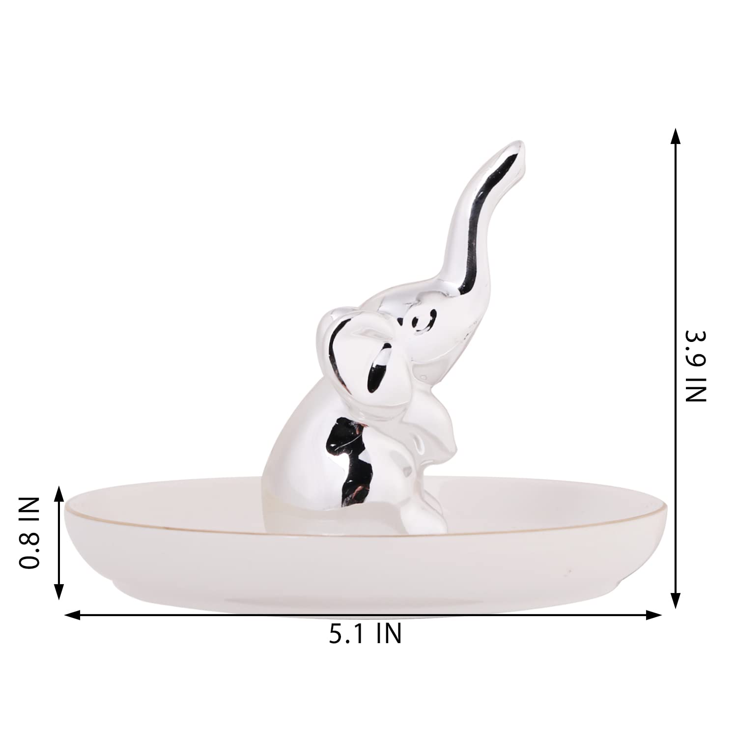 CERANEE Silver Elephant Jewelry Dish - 5 Inch White Ceramic Trinket Tray for Rings, Necklaces & Bracelets | Elegant Jewelry Holder for Women | Perfect for Vanity, Dresser & Bathroom Organization