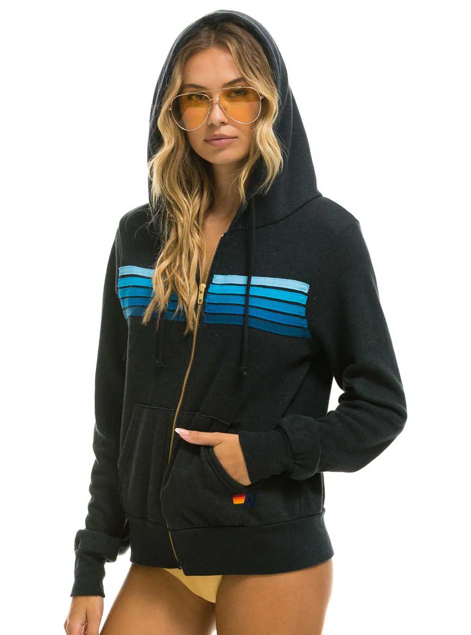 Aviator Nation Women's 5 Stripe Zip Hoodie - Charcoal Grey & Blue | Casual Streetwear Pullover for Everyday Wear & Outdoor Activities