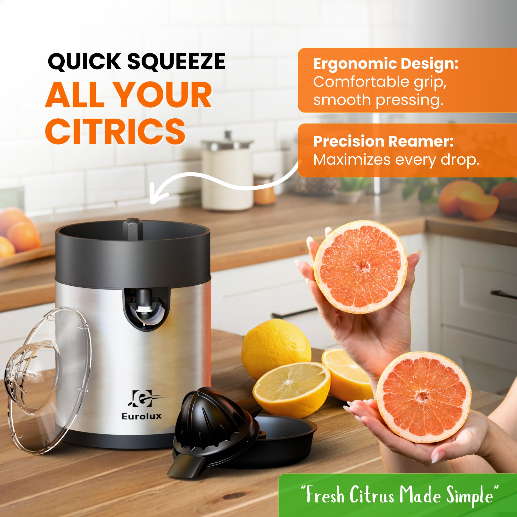 Eurolux Electric Orange Juicer - Powerful Citrus Press for Lemon, Lime & Grapefruit | High-Speed Motor, Dishwasher Safe, Easy to Clean | Perfect for Breakfast, Cocktails & Healthy Juicing at Home