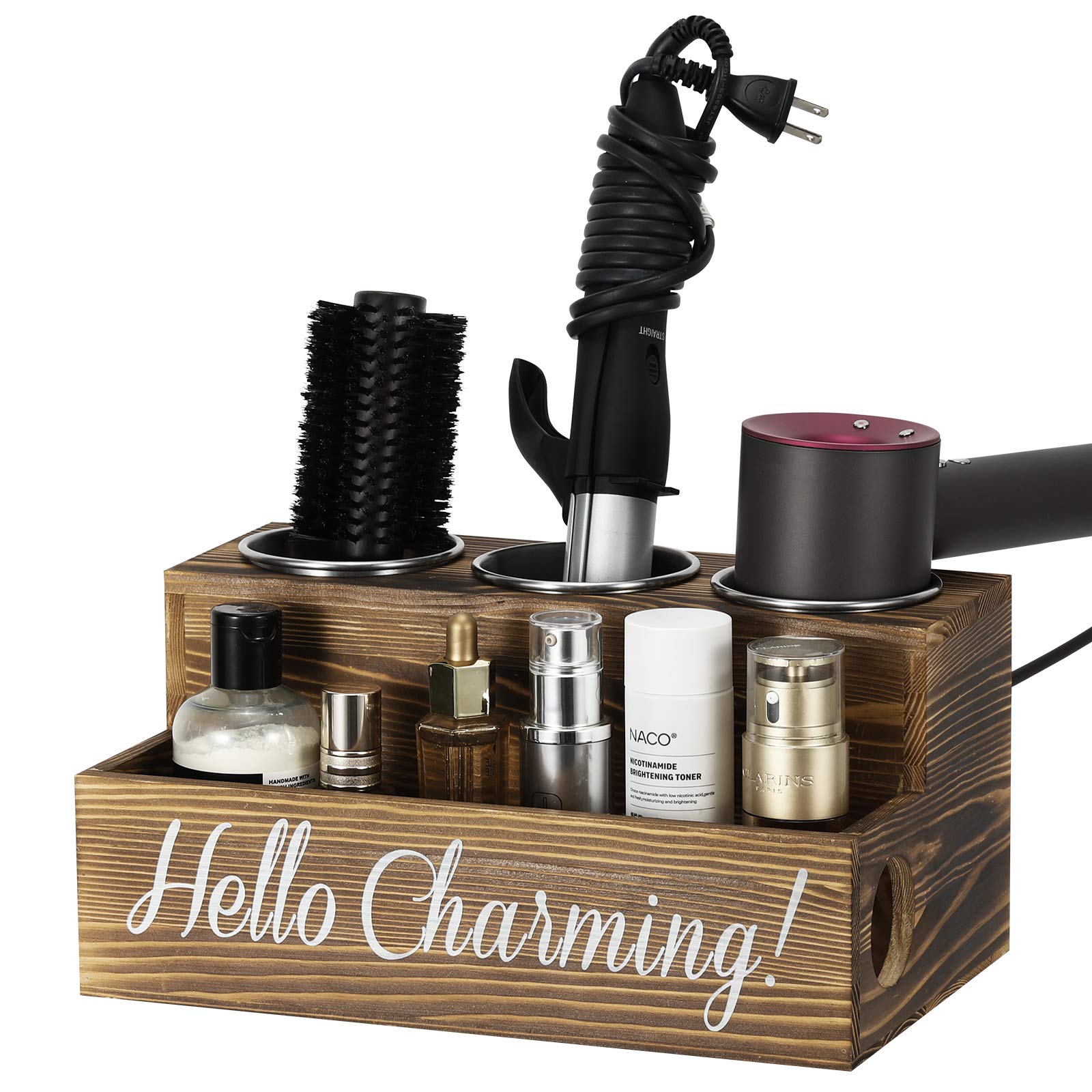 Shinowa Wooden Hair Tool Organizer - Rustic Hair Dryer & Styling Tools Holder for Curling Iron, Flat Iron, Straightener (Brown) - Perfect for Bathroom, Salon & Vanity Organization