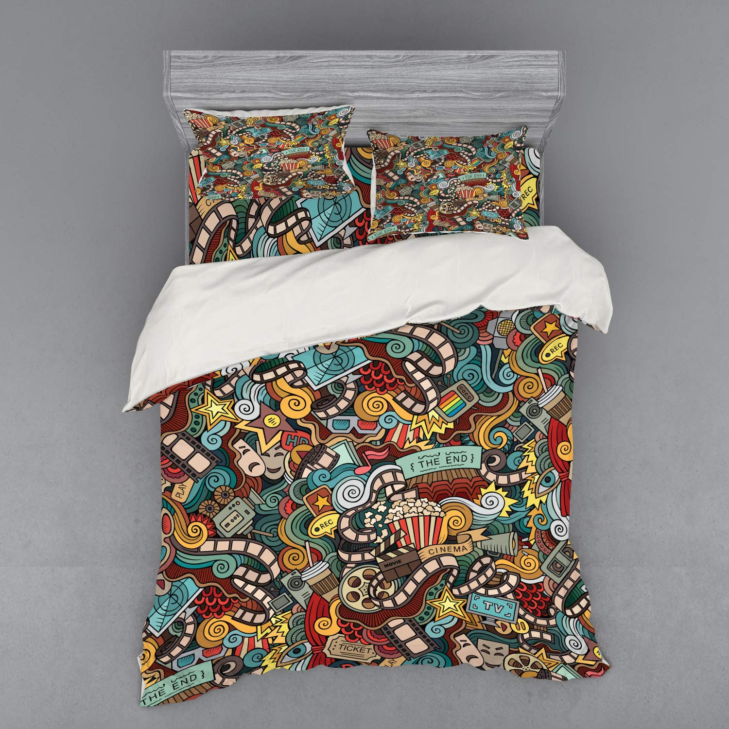 Ambesonne Hipster Bedding Set - Abstract Popcorn Movie Reel Cinema Design 4-Piece Duvet Cover Set with Shams & Fitted Sheet, Queen Size, Multicolor - Perfect for Movie Lovers' Bedroom Decor & Themed Home Theater Rooms