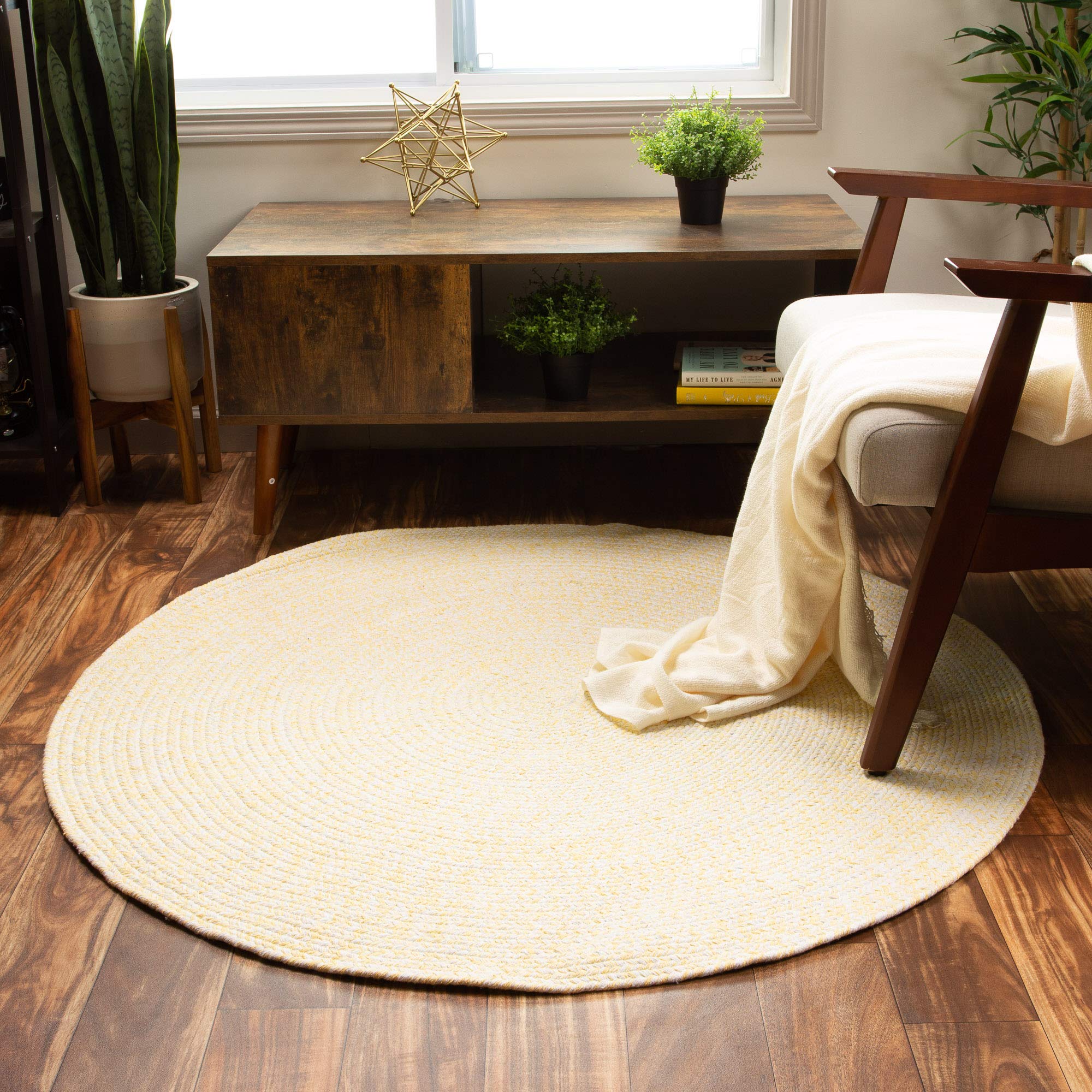 Farmhouse Braided Cotton Reversible Area Rug - 6' Round Yellow & White - Perfect for Kitchen, Living Room & Bedroom Decor