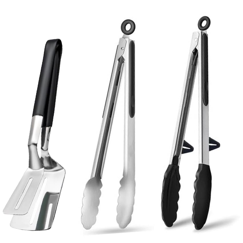 Premium 14-Inch Silicone Kitchen Cooking Tongs with 304 Stainless Steel - Multipurpose BBQ Grill Clamp, Spatula & Food Turner for Grilling, Flipping Steak, Fish, Toast & Salad - Perfect for Outdoor Cooking & Indoor Kitchen Use