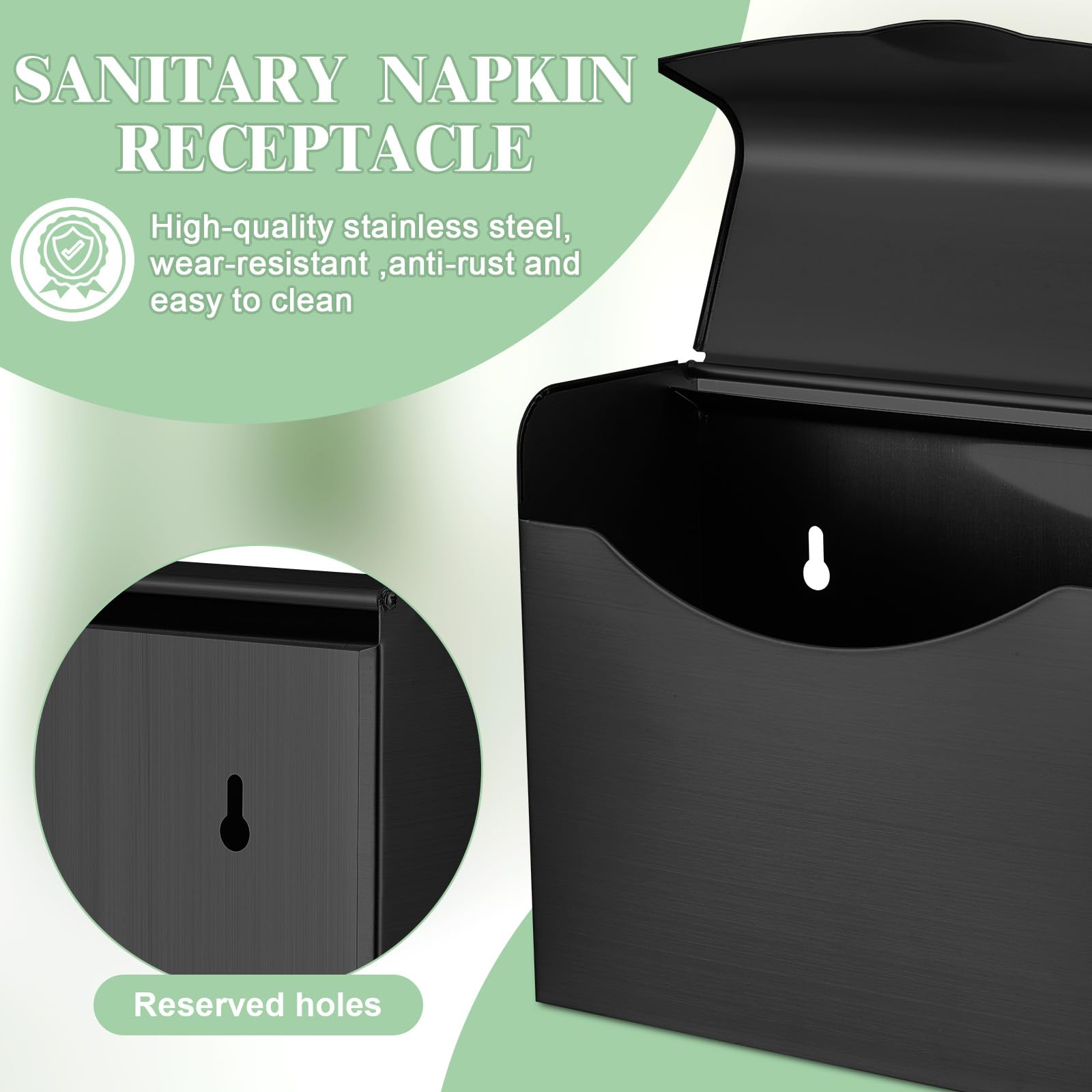 Tioncy 2 Pack Stainless Steel Feminine Hygiene Disposal Bin - Wall Mounted Sanitary Napkin & Tampon Waste Container for Bathroom, Restroom, and Home Use (Black)