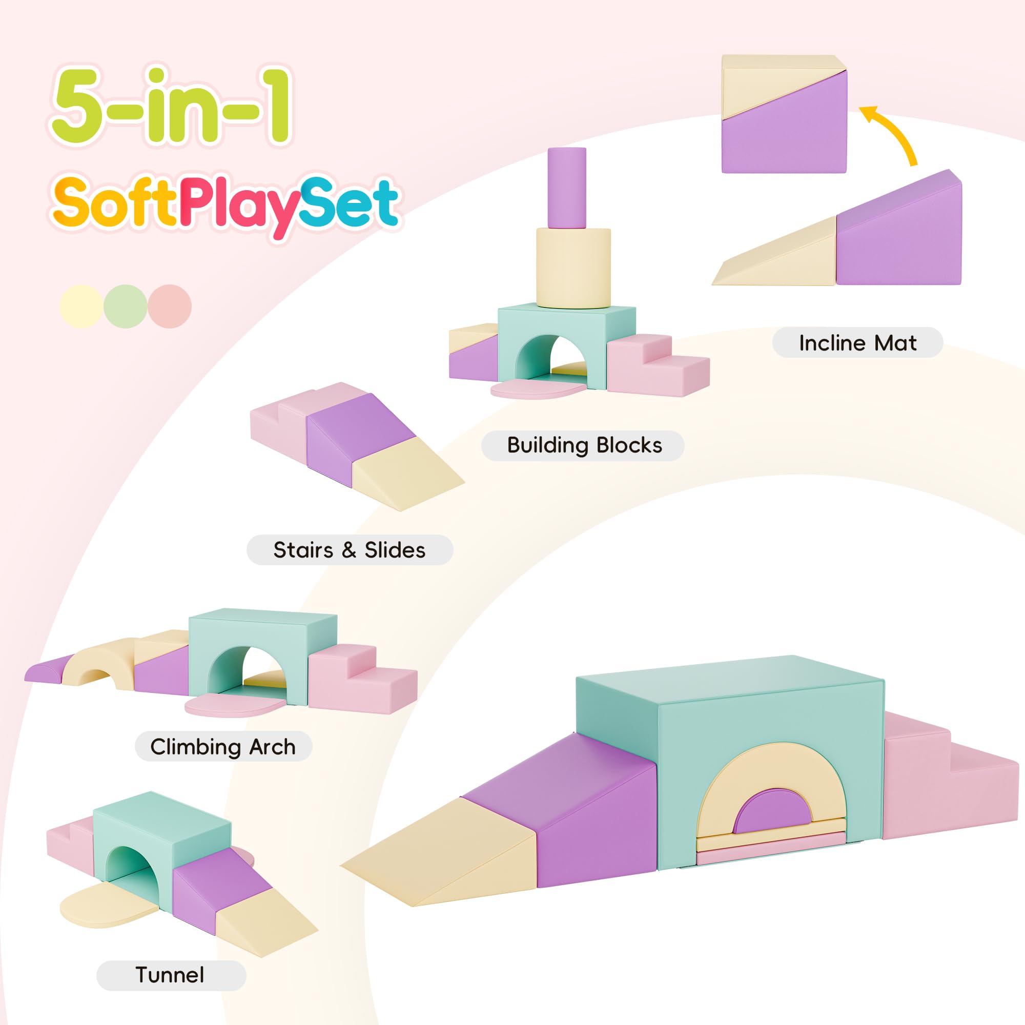 **Soft Foam Climbing Blocks Set for Toddlers – 5-in-1 Large Play Gym with Arch, Slide & Crawling Mats – Safe Foam Playset for Nursery, Preschool & Daycare – Pink – Perfect for Indoor Playrooms & Kids' Activity Centers**