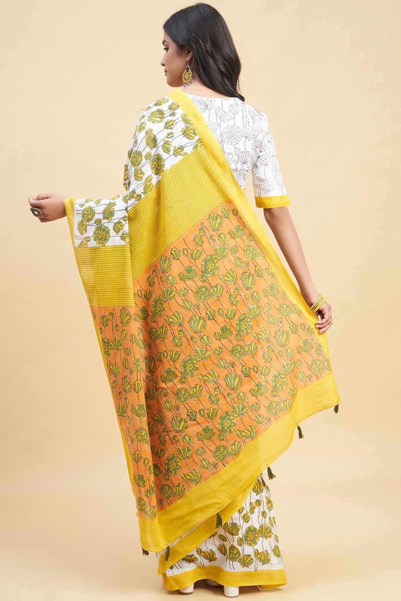 Azalia Yellow Handblock Print Mul Cotton Saree – Elegant Traditional Indian Saree for Weddings, Festivals & Special Occasions